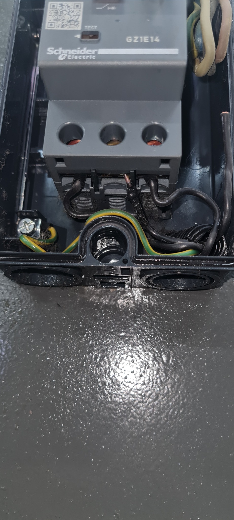 Szczegółowe ujęcie podłączonych przewodów do szarego modułu Schneider Electric GZ1E14 w czarnej obudowie, z widocznymi przewodami ochronnymi żółto-zielonymi oraz przewodami fazowymi i neutralnymi.