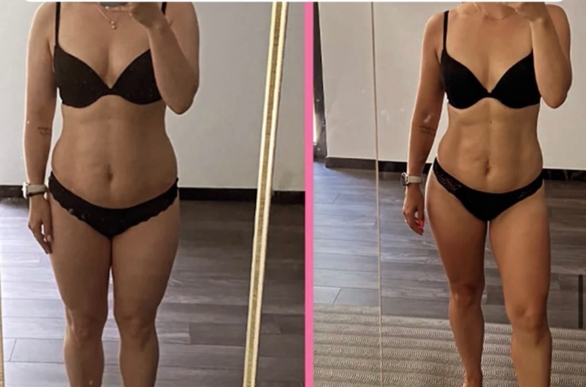 Kobieta w bieliźnie, prezentująca metamorfozę sylwetki przed i po treningach, widoczna poprawa definicji mięśni brzucha.