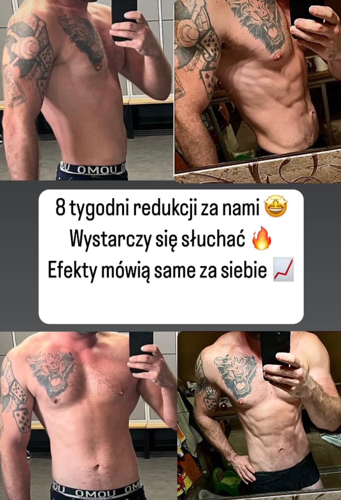 Mężczyzna prezentuje efekty 8-tygodniowej redukcji wagi, widoczne porównanie sylwetki z przodu i z boku, liczne tatuaże na ramionach i klatce piersiowej, zdjęcia typu selfie wykonane w lustrze.