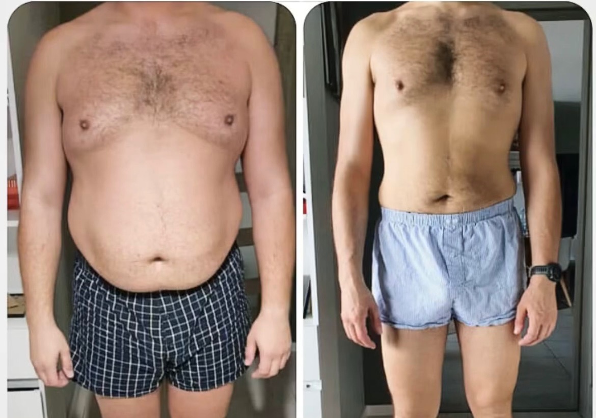 Mężczyzna przed i po utracie wagi, widoczne zmiany w sylwetce, porównanie figury w bieliźnie.
