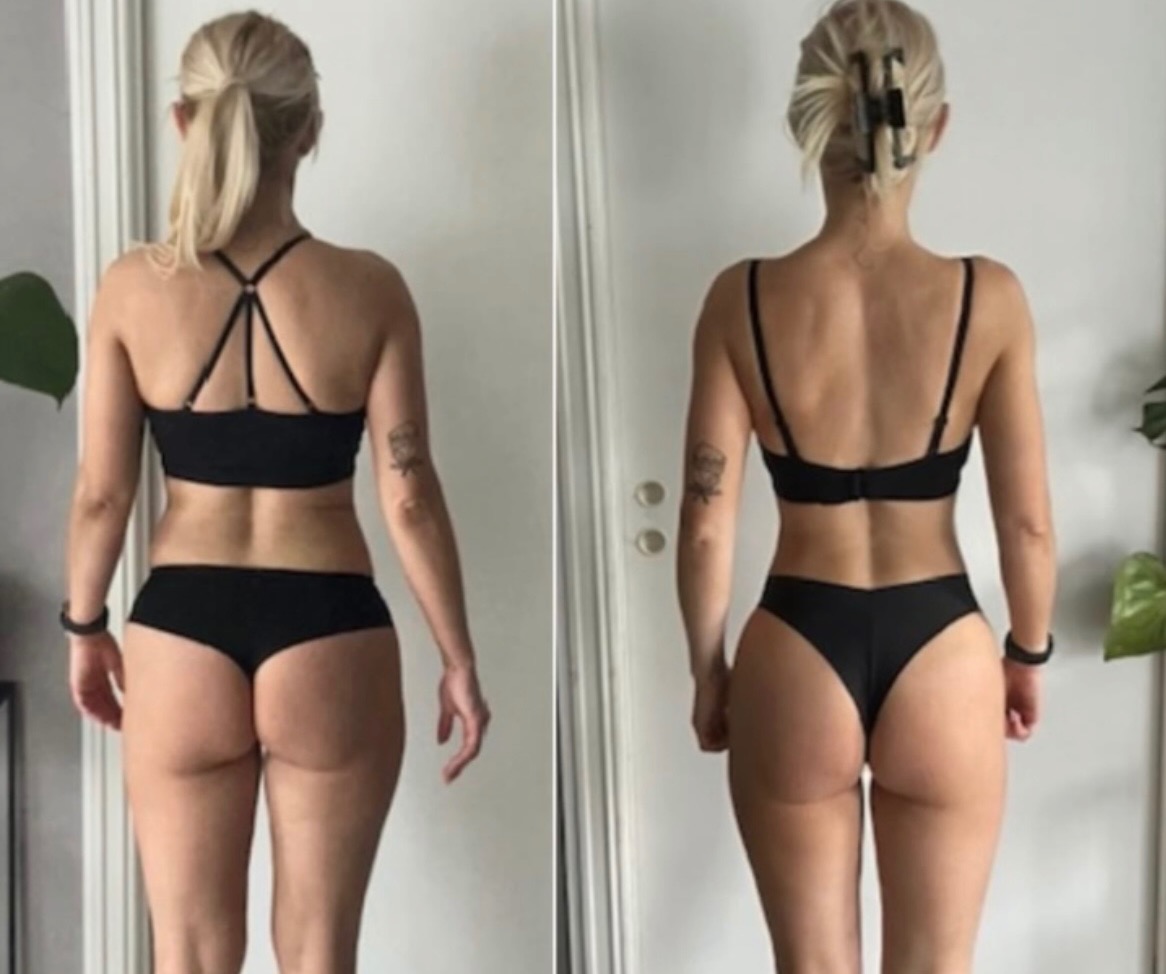 Kobieta w czarnej bieliźnie sportowej, widok z tyłu, prezentująca zmiany w sylwetce przed i po treningu, z widocznym tatuażem na lewym ramieniu i rośliną w tle.
