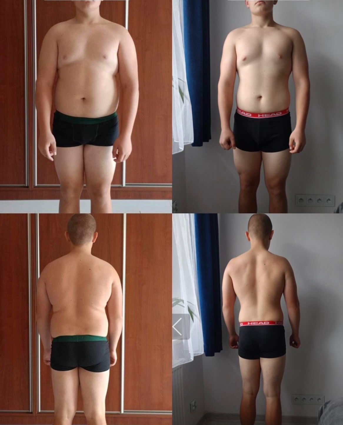 Męska sylwetka przed i po treningu, widoczne zmiany w budowie ciała z przodu i z tyłu, na tle szafy i okna z zasłonami.