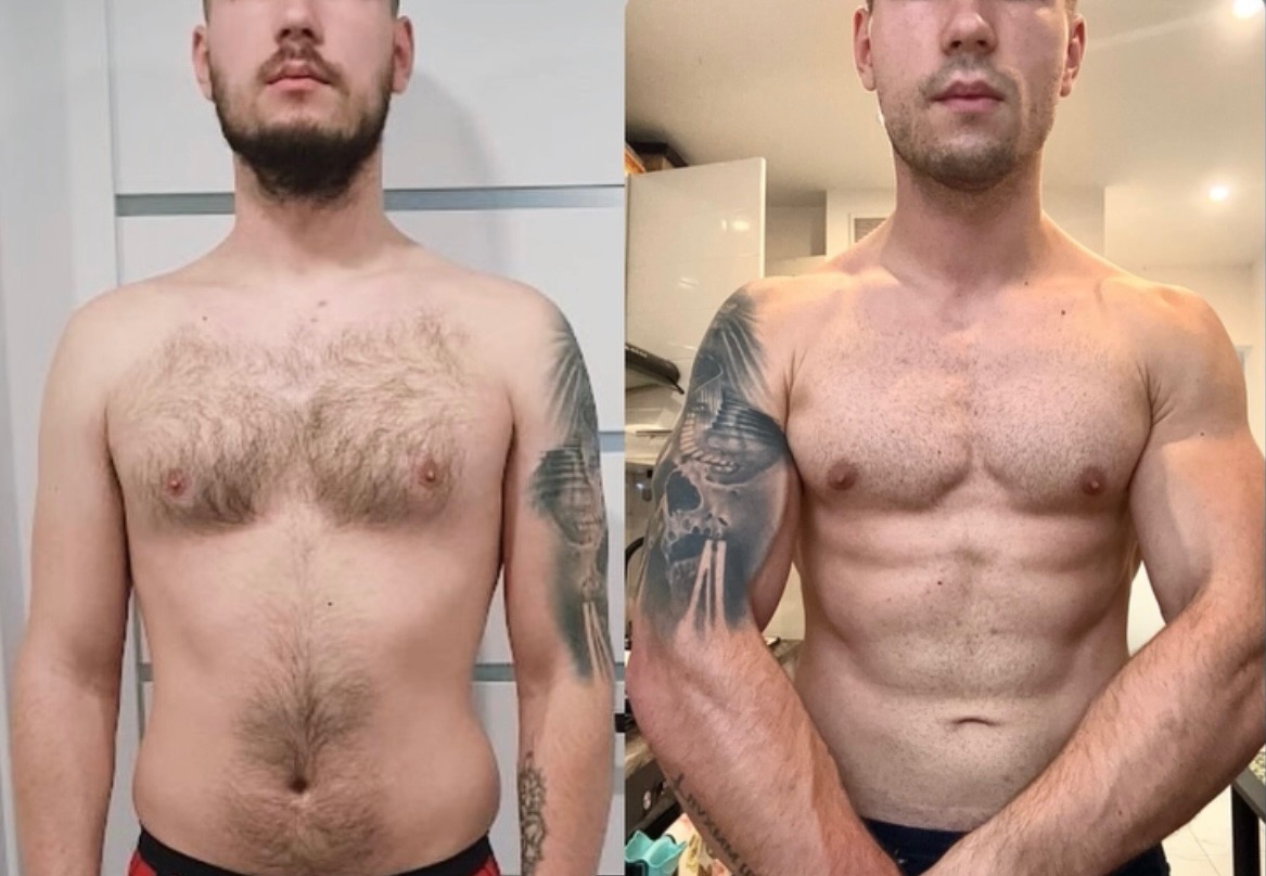 Mężczyzna przed i po transformacji sylwetki, widoczne zmiany w muskulaturze i redukcji tkanki tłuszczowej, z tatuażem na lewym ramieniu.