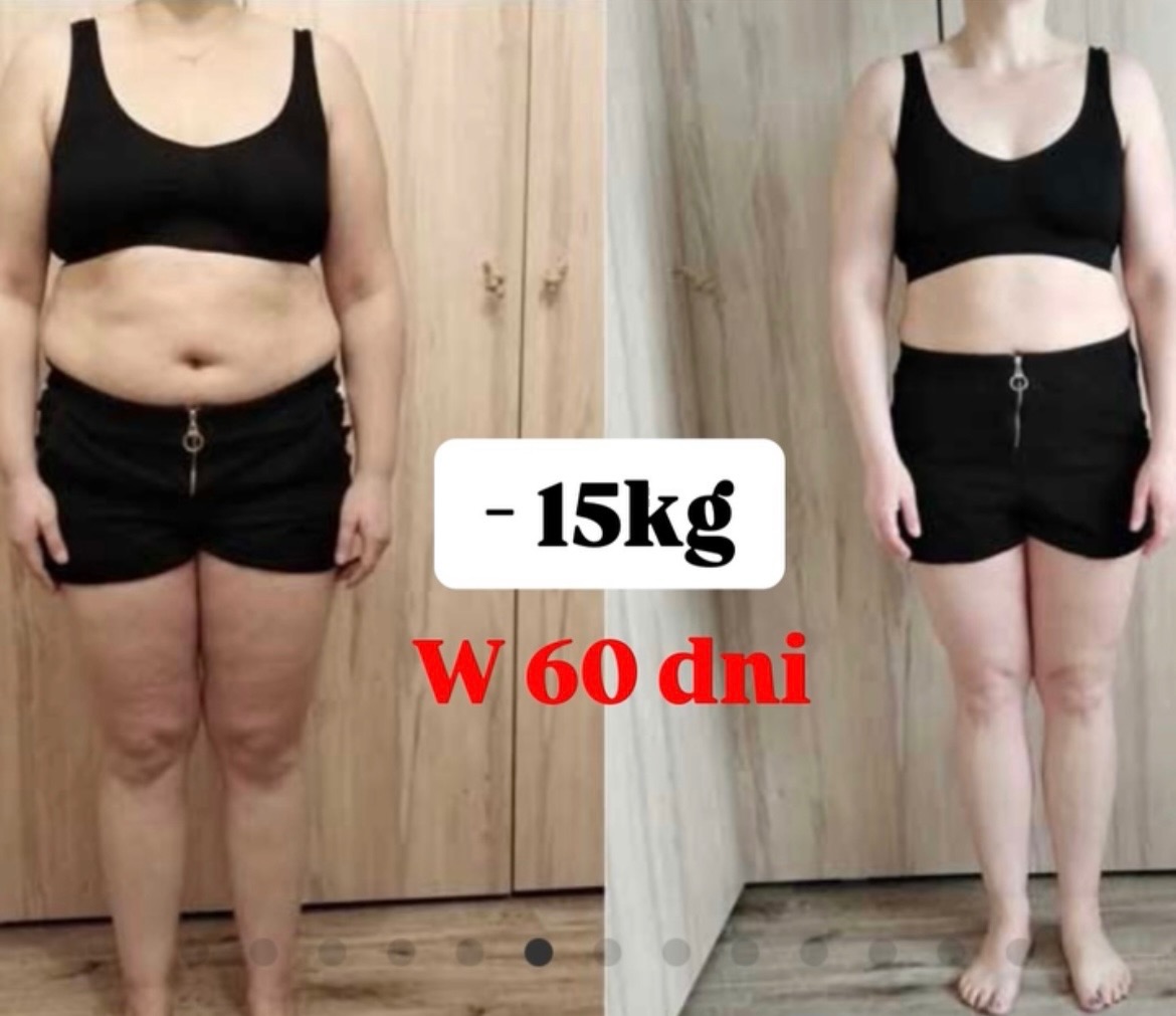 Porównanie sylwetki kobiety przed i po 60-dniowej metamorfozie, utrata 15 kg, strój sportowy, widoczne różnice w obwodzie brzucha i ud