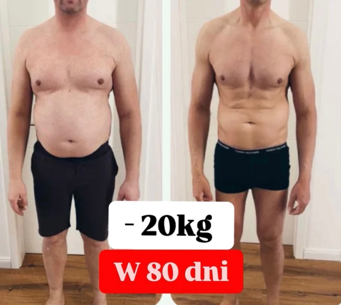 Mężczyzna przed i po utracie wagi -20kg w 80 dni, widoczne zmiany w sylwetce, porównanie brzucha i ramion.