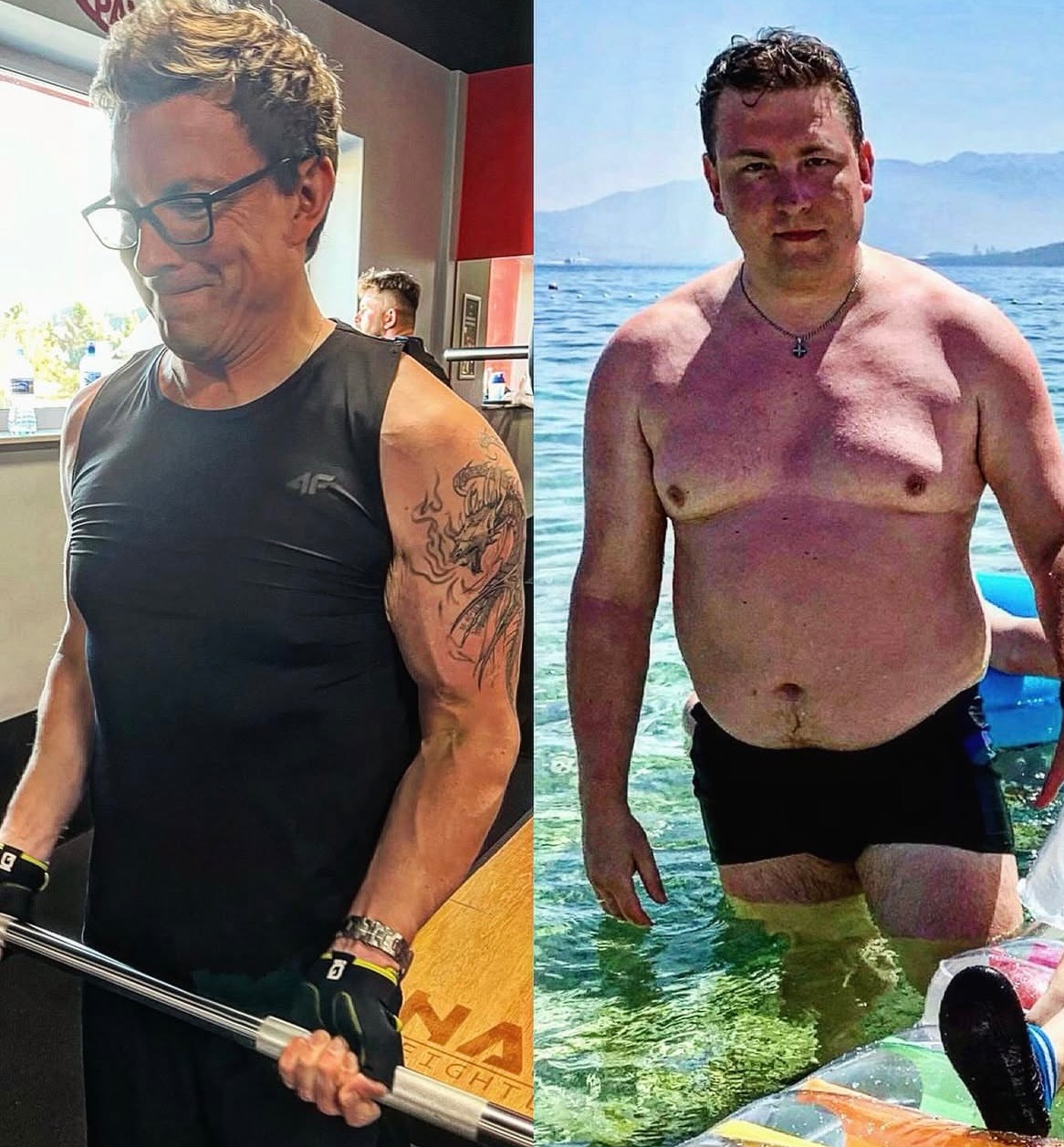 Porównanie sylwetki: mężczyzna z tatuażem na ramieniu podczas ćwiczeń z obciążeniem vs. mężczyzna w wodzie przed odchudzaniem.