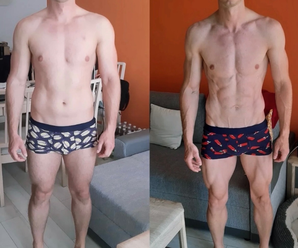 Mężczyzna przed i po treningu personalnym, widoczna zmiana sylwetki, lepsza definicja mięśni brzucha i nóg, różne wzory na bokserkach przed i po.