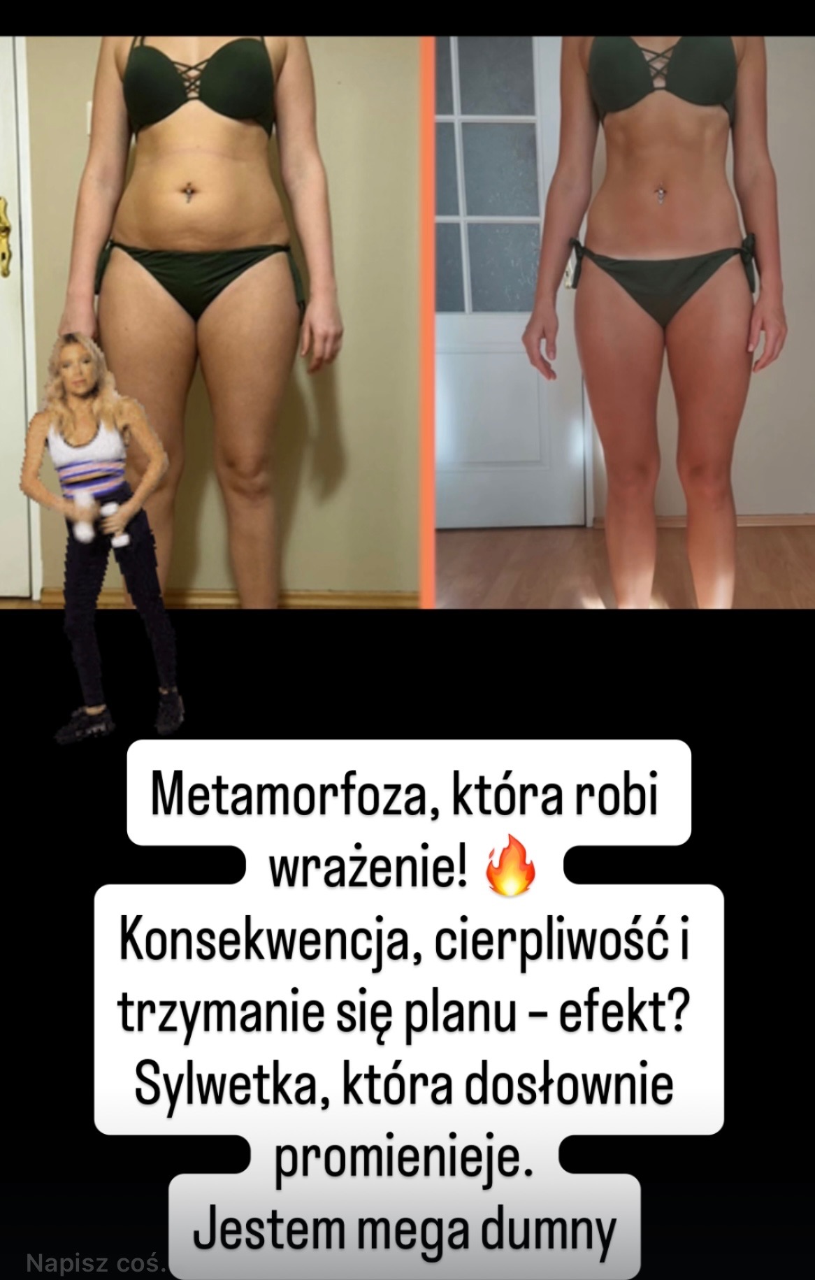 Efekt metamorfozy sylwetki: zdjęcie 'przed i po' w bikini, prezentujące widoczną różnicę w wyglądzie figury. Dodatkowo w lewym dolnym rogu wklejona grafika kobiety z hantlami.
