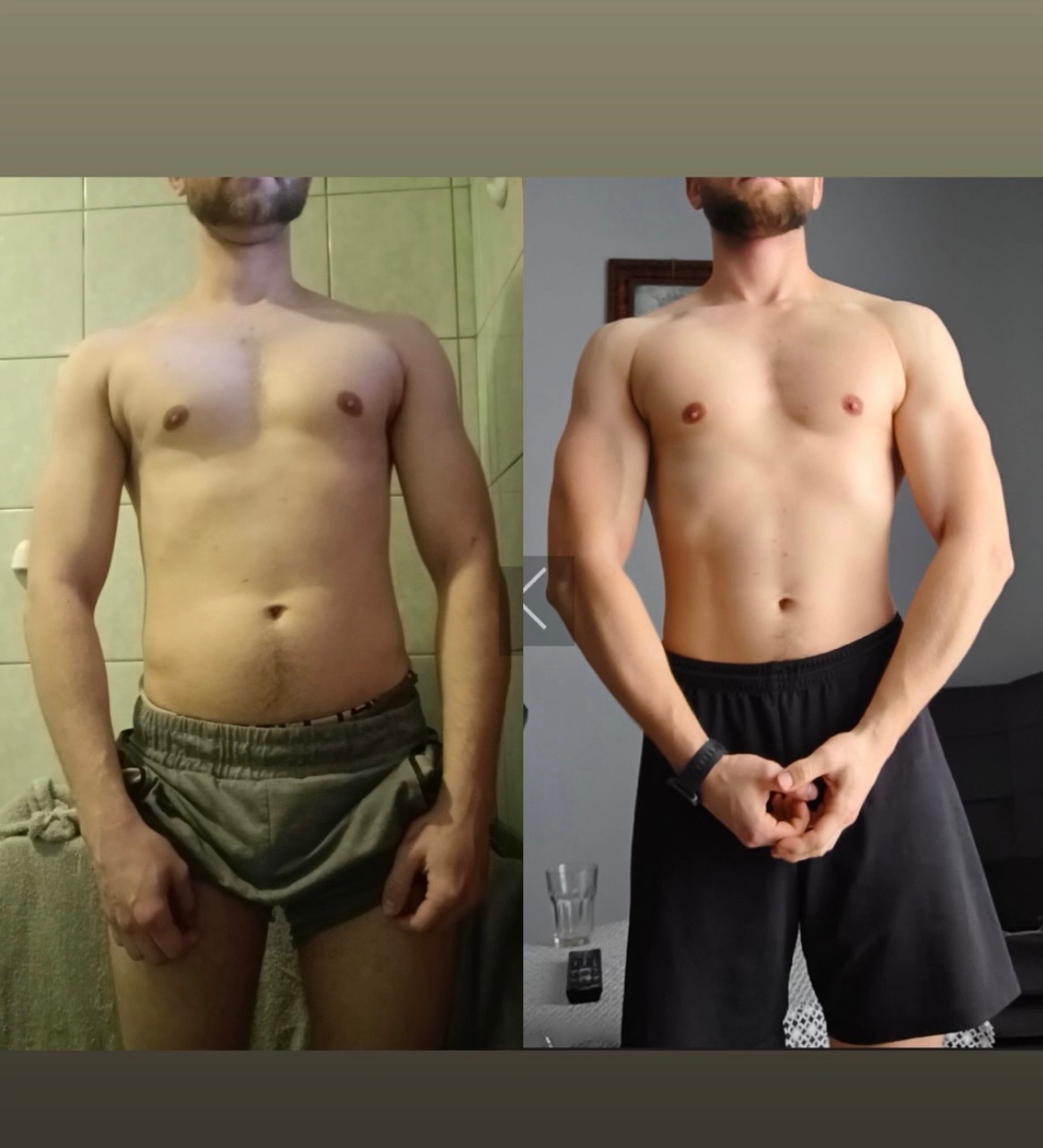 Mężczyzna prezentuje transformację sylwetki: zdjęcie 'przed' z lewej, 'po' z prawej. Widoczna różnica w muskulaturze ramion i klatki piersiowej. Zmiana otoczenia.