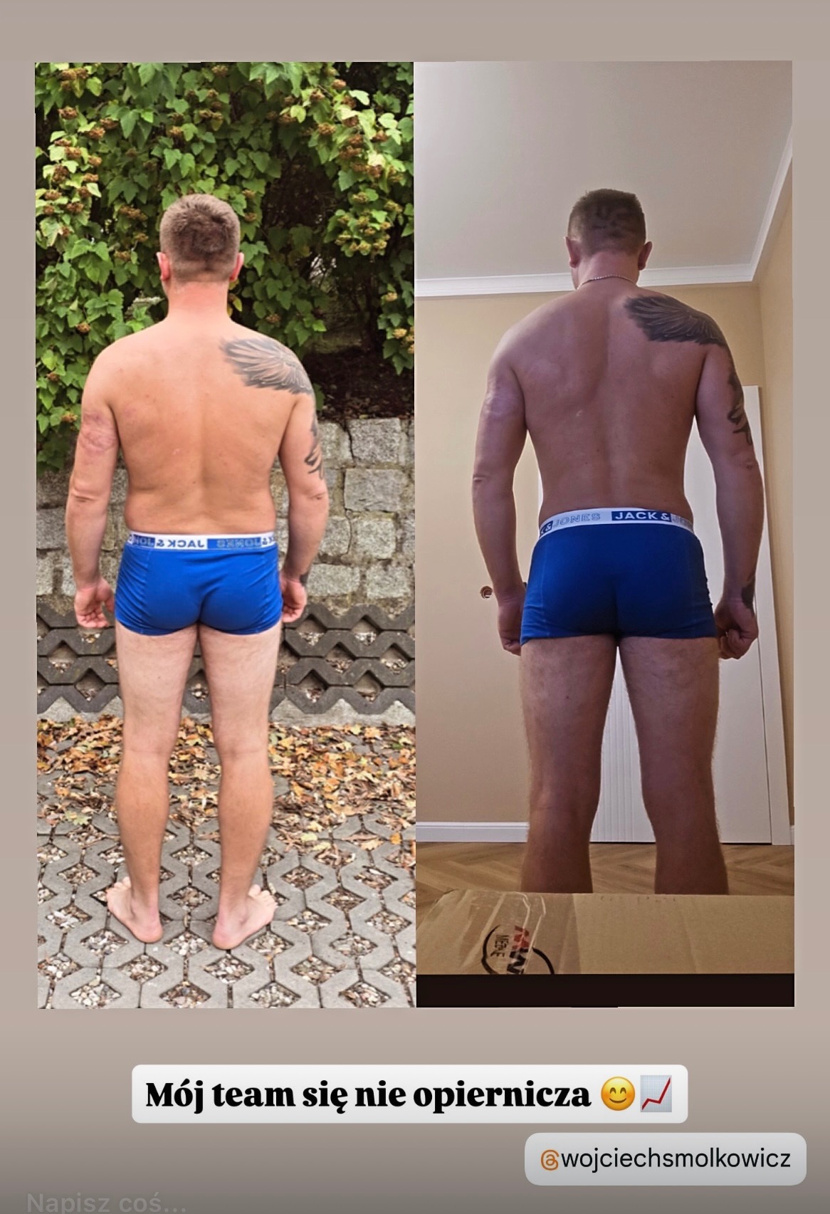 Mężczyzna prezentuje transformację sylwetki: zdjęcie 'przed' na tle zieleni i 'po' w jasnym wnętrzu. Widoczne mięśnie pleców i ramion, tatuaże. Efekt treningu.