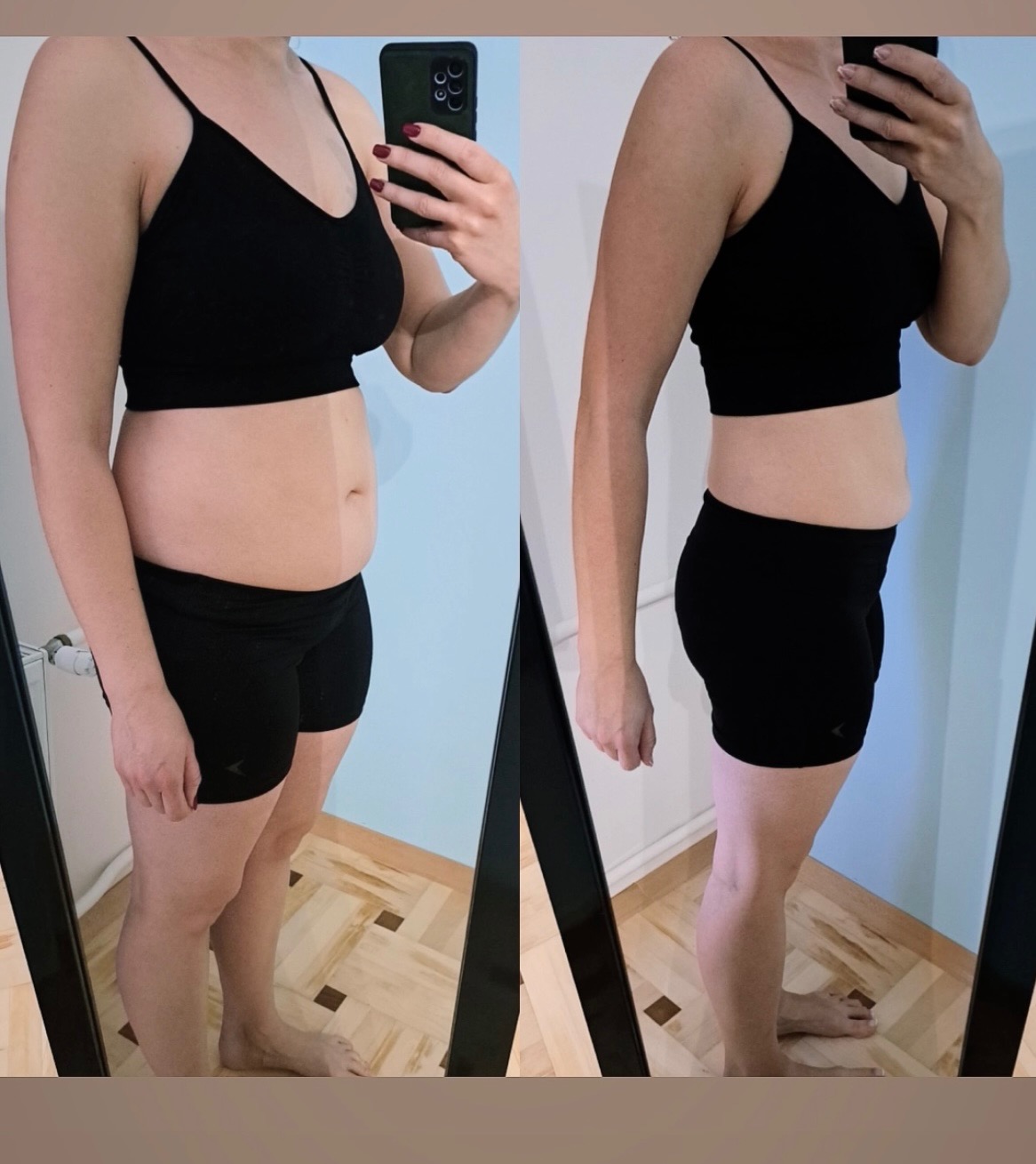 Kobieta w czarnym stroju sportowym prezentuje metamorfozę sylwetki na zdjęciu typu 'przed i po', trzymając telefon w dłoni.
