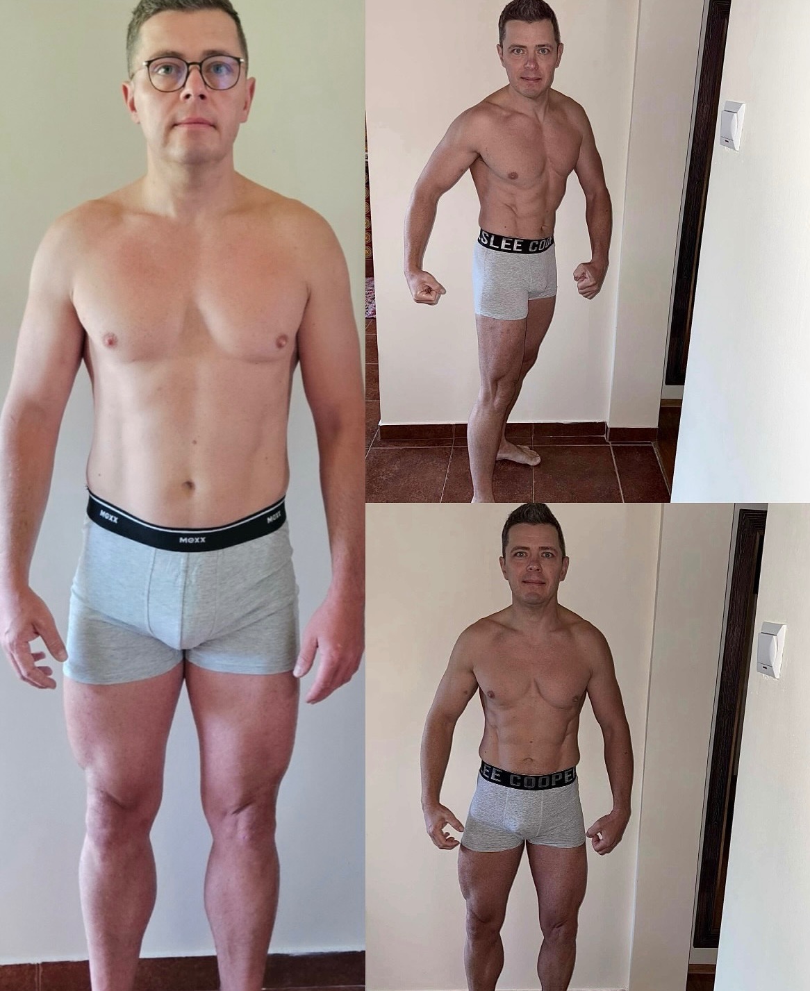 Mężczyzna przed i po treningu personalnym. Po lewej sylwetka przed, po prawej dwie pozy po treningu, ukazujące poprawę muskulatury i redukcję tkanki tłuszczowej.