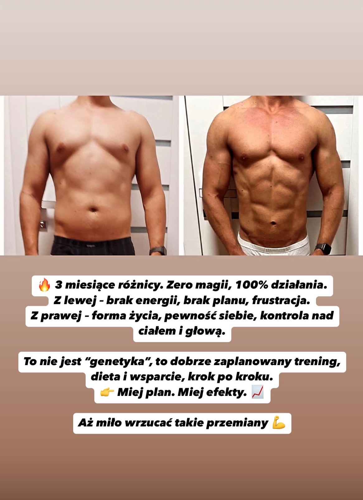 Męska sylwetka przed i po treningu. Po lewej brak energii, po prawej widoczna forma, pewność siebie i kontrola nad ciałem. Efekt 3 miesięcy treningu.