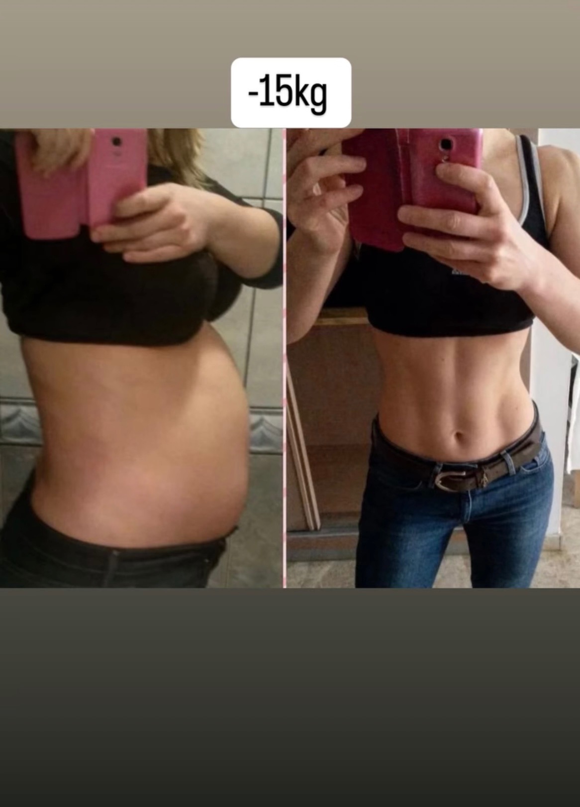 Zdjęcie 'przed i po' prezentujące metamorfozę sylwetki kobiety, z widoczną redukcją wagi o 15 kg. Ujęcie od pasa w górę, z telefonem w dłoni.
