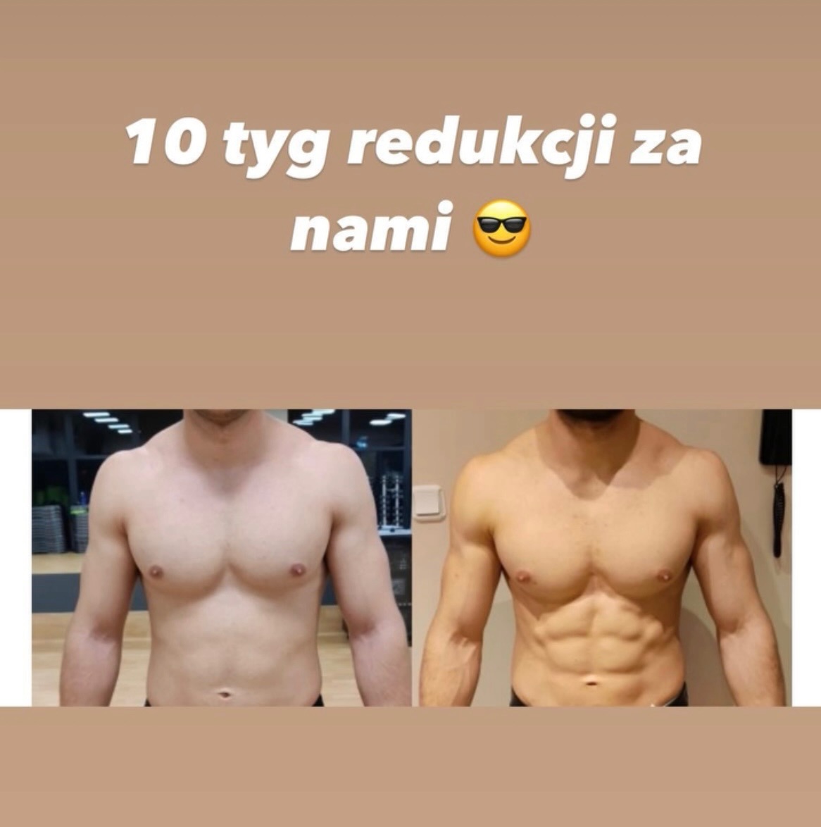 Męska sylwetka przed i po 10-tygodniowej redukcji tkanki tłuszczowej, ukazująca wyraźną różnicę w definicji mięśni brzucha i ramion.