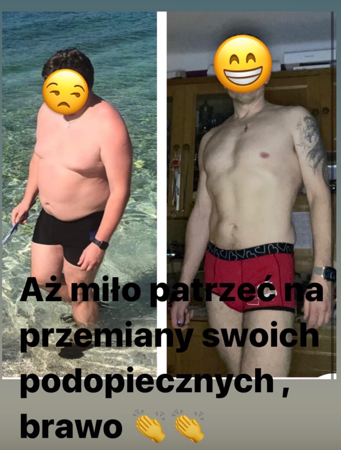 Metamorfoza sylwetki klienta, zdjęcie typu 'przed i po'. Po lewej osoba w wodzie, po prawej w pomieszczeniu. Widoczne efekty treningu i diety.