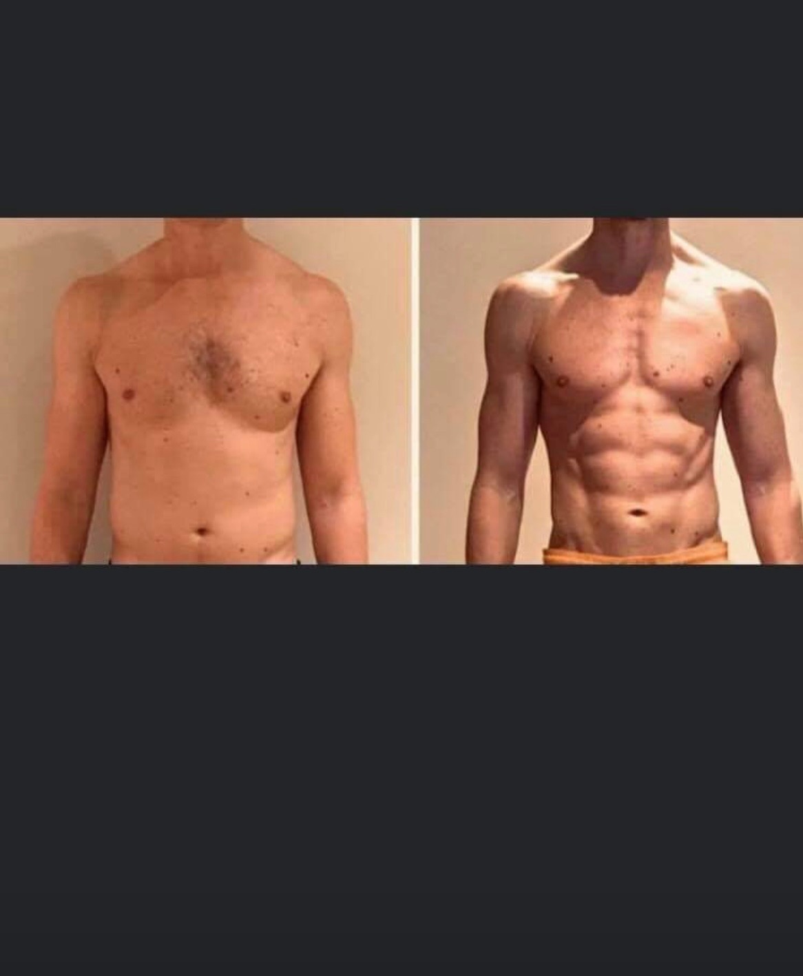 Męska sylwetka przed i po treningu: widoczna redukcja tkanki tłuszczowej i zarysowane mięśnie brzucha. Efekt regularnych ćwiczeń i diety.