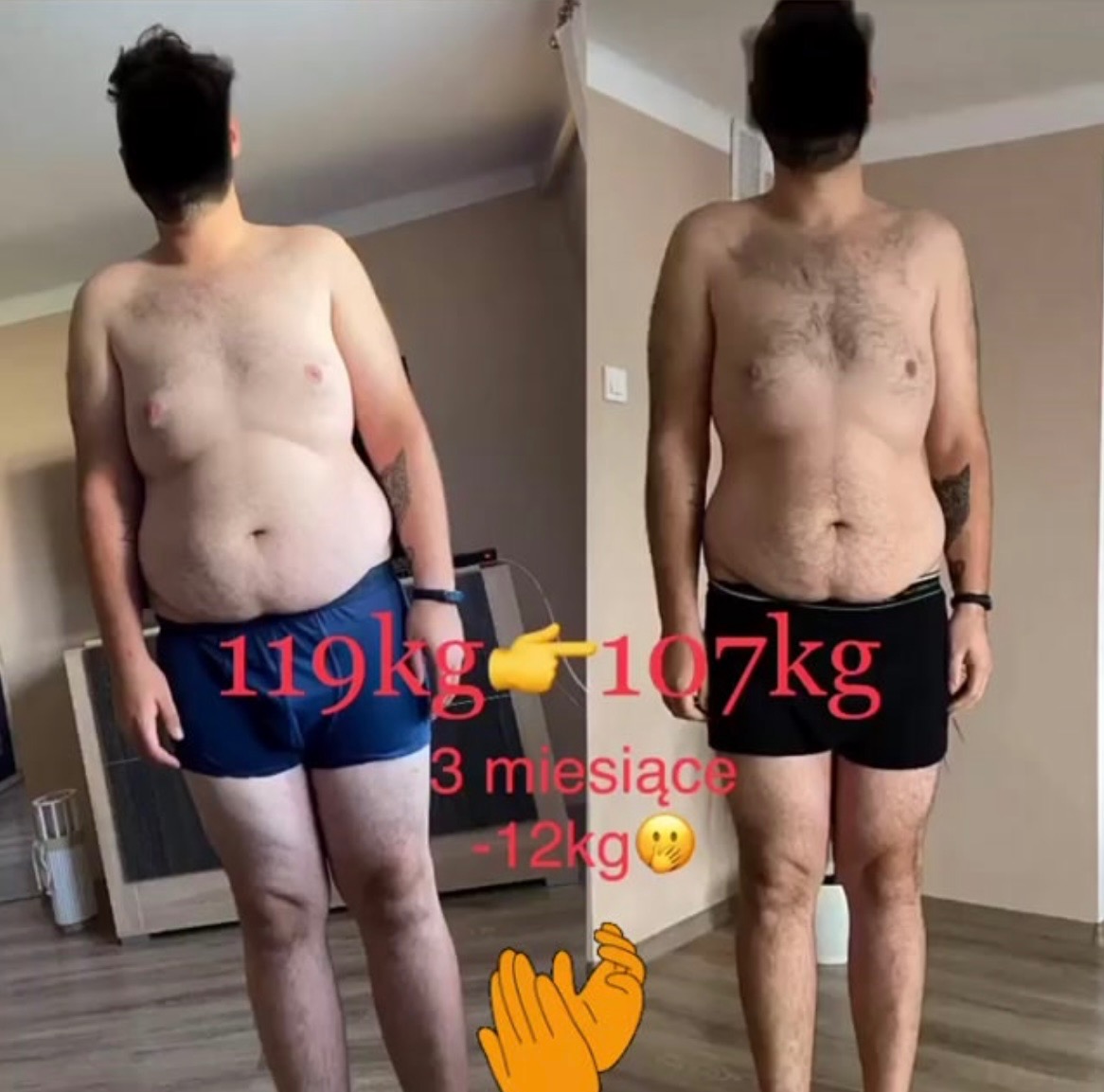 Mężczyzna przed i po odchudzaniu: 119kg vs 107kg po 3 miesiącach. Widoczna różnica w sylwetce, z zaznaczonymi wagami i czasem trwania procesu.