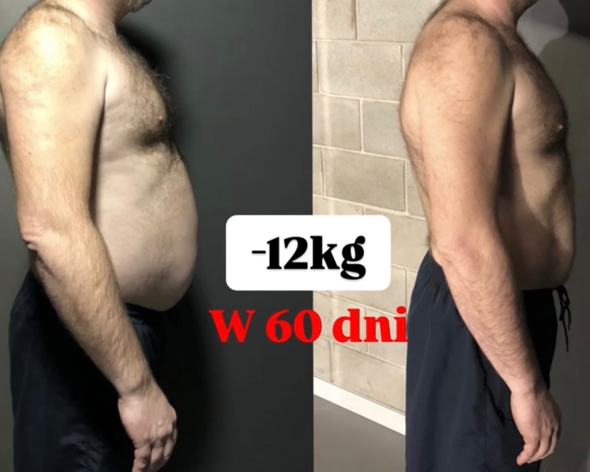 Męska sylwetka przed i po kuracji odchudzającej, z widoczną utratą 12 kg w 60 dni. Zdjęcie profilowe, ukazujące zmiany w budowie ciała.
