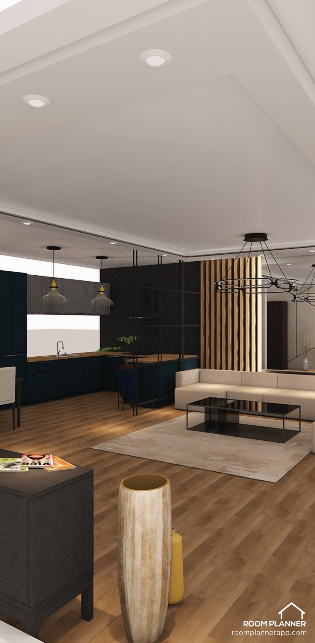 Wizualizacja przestronnego wnętrza z otwartą kuchnią i salonem, charakteryzująca się ciemnymi, granatowymi szafkami kuchennymi i drewnianymi akcentami, z nowoczesnym oświetleniem i minimalistycznym...