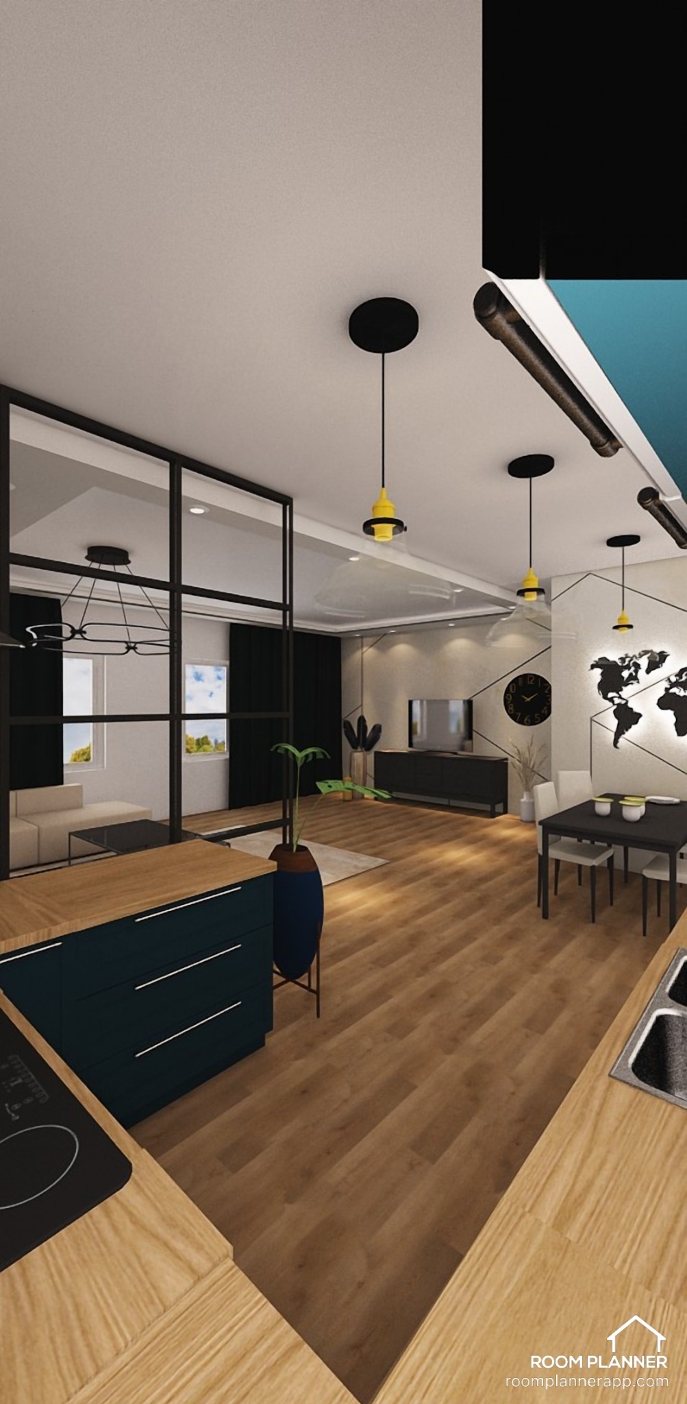 Wizualizacja otwartej przestrzeni mieszkania z kuchnią, salonem i jadalnią, z drewnianą podłogą, czarnymi elementami dekoracyjnymi i oświetleniem punktowym z żółtymi akcentami.