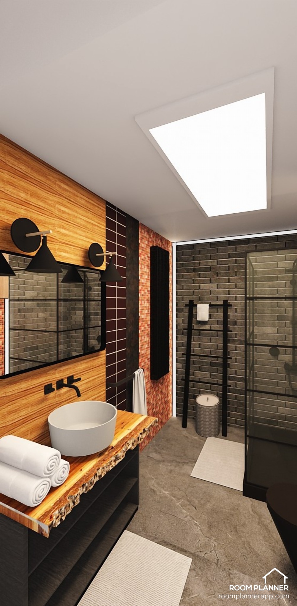 Wizualizacja łazienki w stylu industrialnym z drewnianą ścianą, umywalką nablatową na blacie z naturalnego drewna, czarną armaturą i prysznicem typu walk-in z ceglaną ścianą.