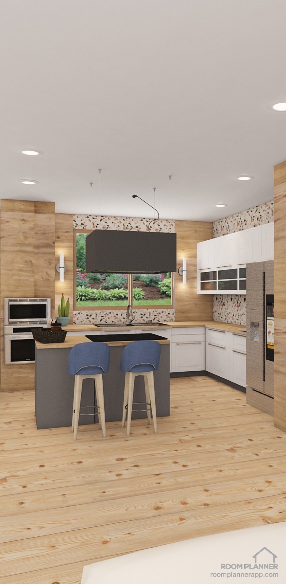 Wizualizacja kuchni w Chrząstawie Wielkiej, z wyspą i dwoma niebieskimi hokerami. Naturalne drewno na ścianach kontrastuje z białymi szafkami i mozaiką nad blatem.