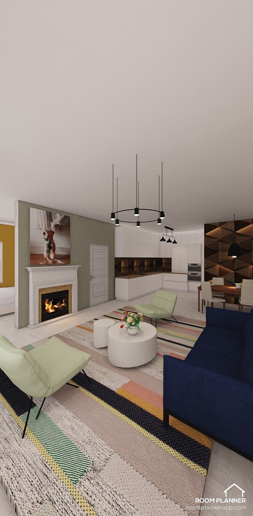 Wizualizacja przestronnego salonu z otwartą kuchnią, kominkiem i wzorzystym dywanem w stylu patchwork. Centralnym punktem jest okrągły stolik kawowy z bukietem kwiatów, otoczony jasnymi fotelami...