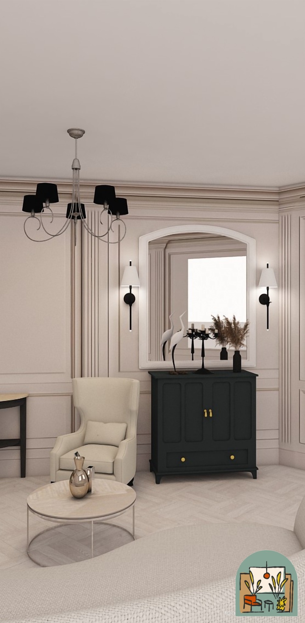 Elegancki salon z kremowymi ścianami, parkietem w jodełkę, ciemnozieloną komodą z dekoracjami, beżowym fotelem i okrągłym stolikiem kawowym z metalowymi nogami, oświetlony żyrandolem z czarnymi...