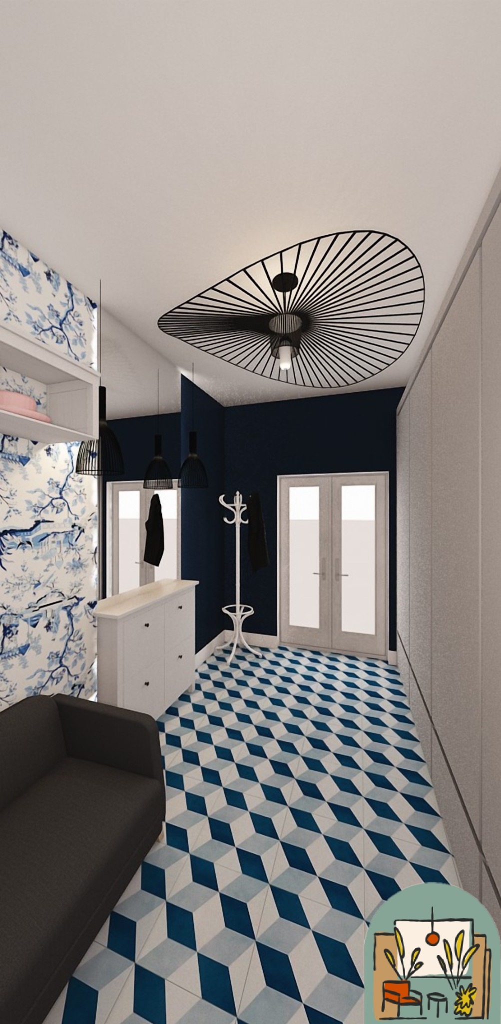 Wnętrze przedpokoju z geometryczną podłogą w odcieniach błękitu i bieli, ciemnogranatową ścianą, białą szafką z szufladami, wieszakiem na ubrania i oryginalną lampą sufitową w kształcie wachlarza...