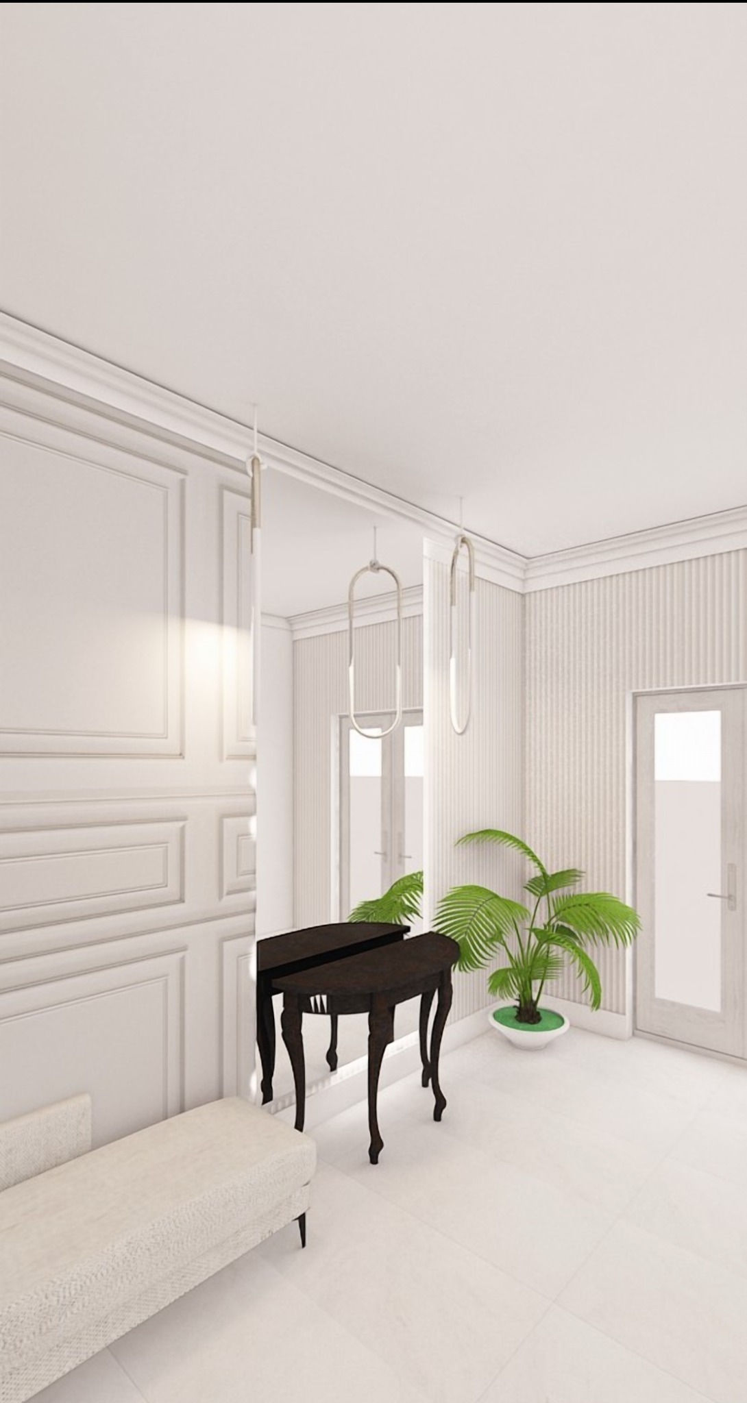 Jasne wnętrze z konsolą i rośliną doniczkową, odbicie w lustrze, minimalistyczne lampy wiszące.