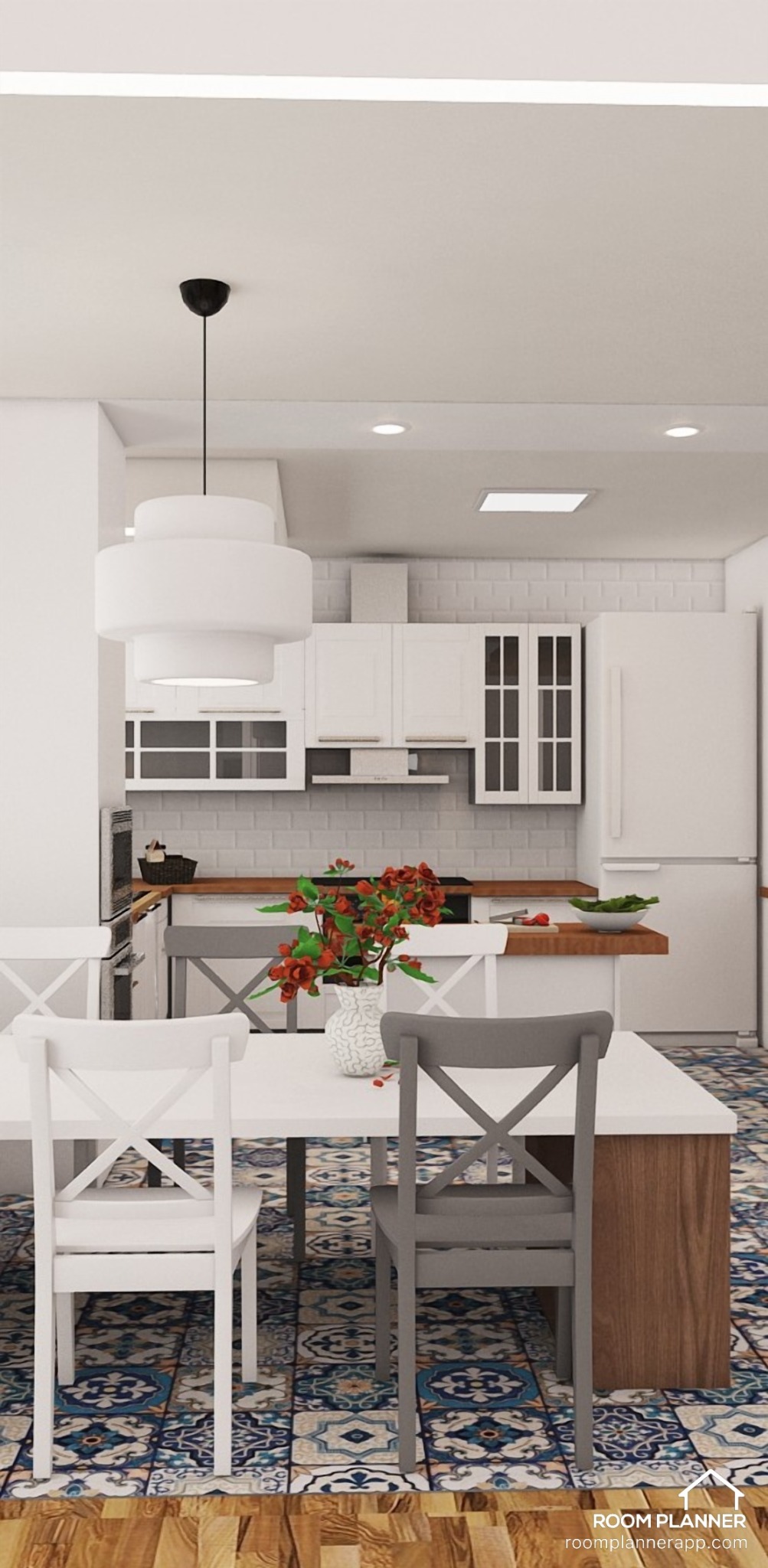 Wizualizacja kuchni z jadalnią: białe szafki, drewniany blat, stół z krzesłami w stylu skandynawskim, wzorzysta podłoga i nowoczesna lampa wisząca.