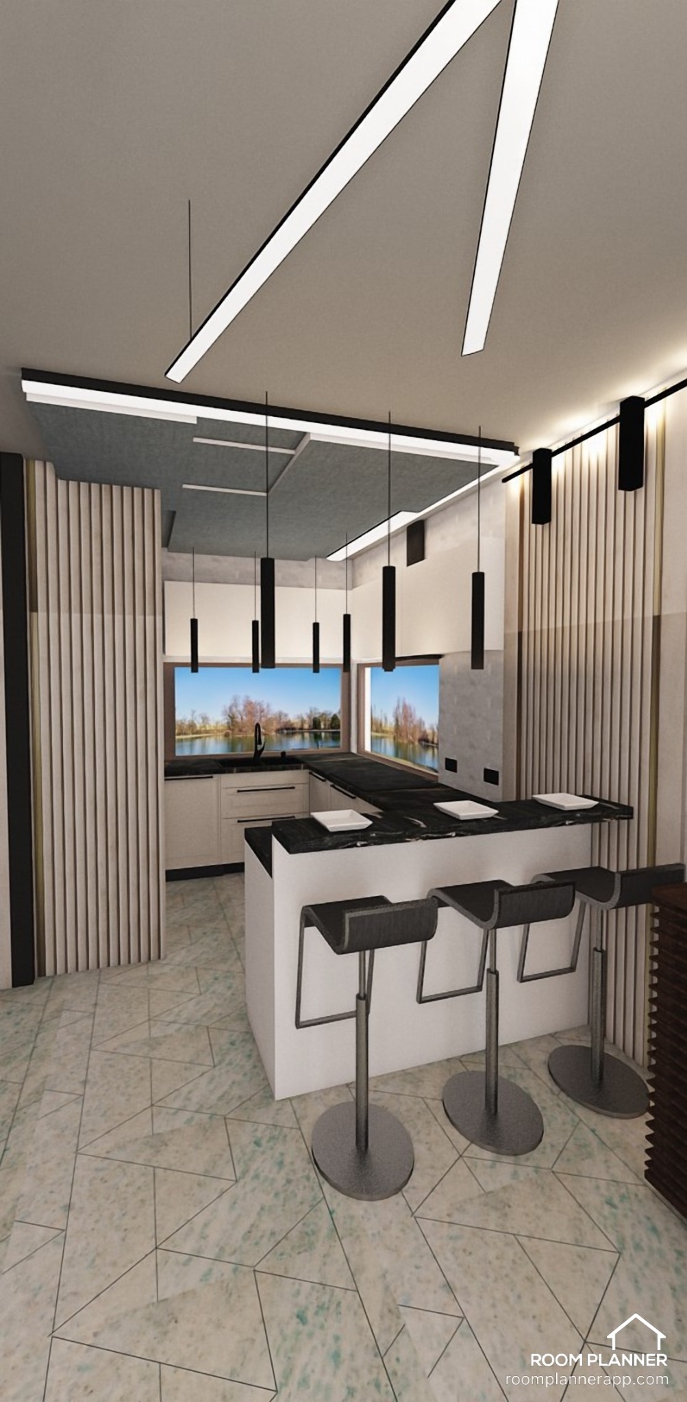 Wizualizacja nowoczesnej kuchni z wyspą, czarnym blatem i hokerami na tle okna z widokiem na jezioro, oświetlenie sufitowe w postaci długich, białych lamp.
