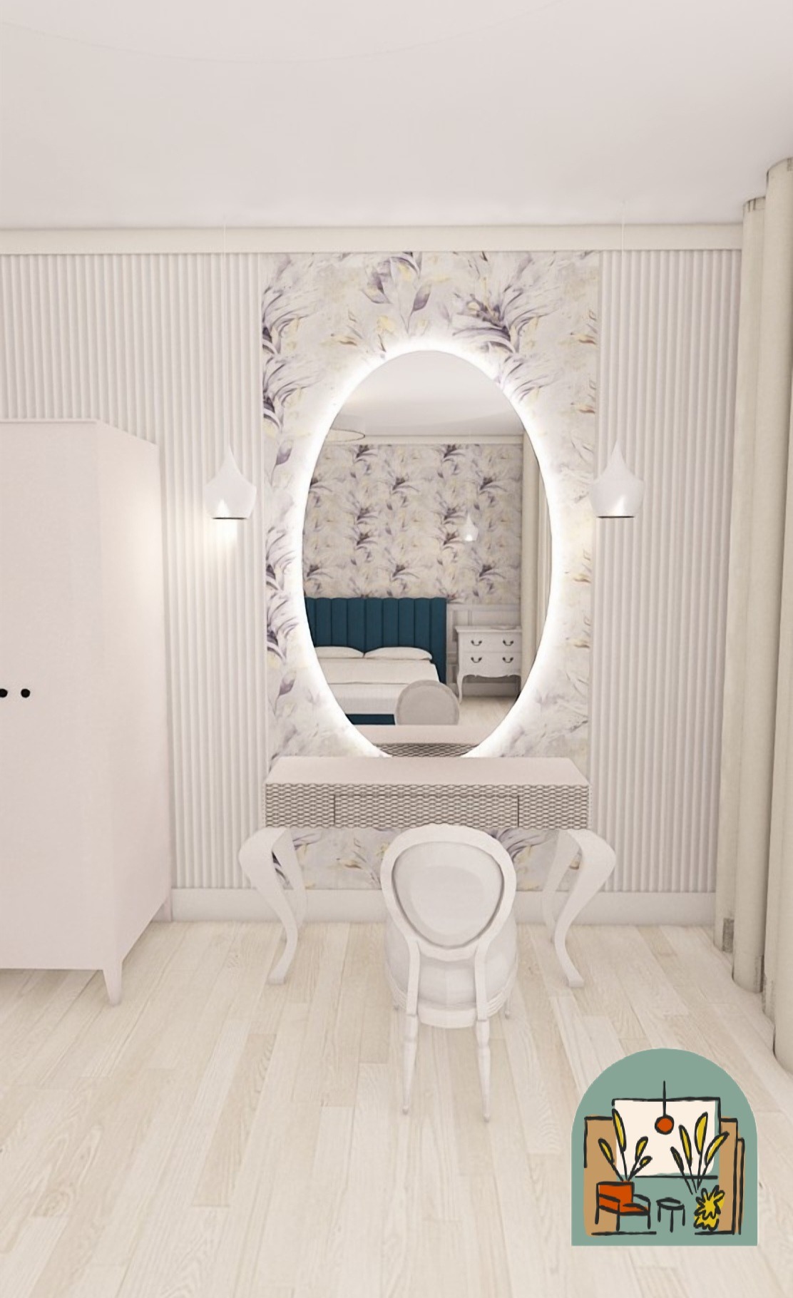 Jasna sypialnia z toaletką i owalnym lustrem z podświetleniem LED, odbijającym widok łóżka z turkusowym zagłówkiem i białej szafki nocnej.