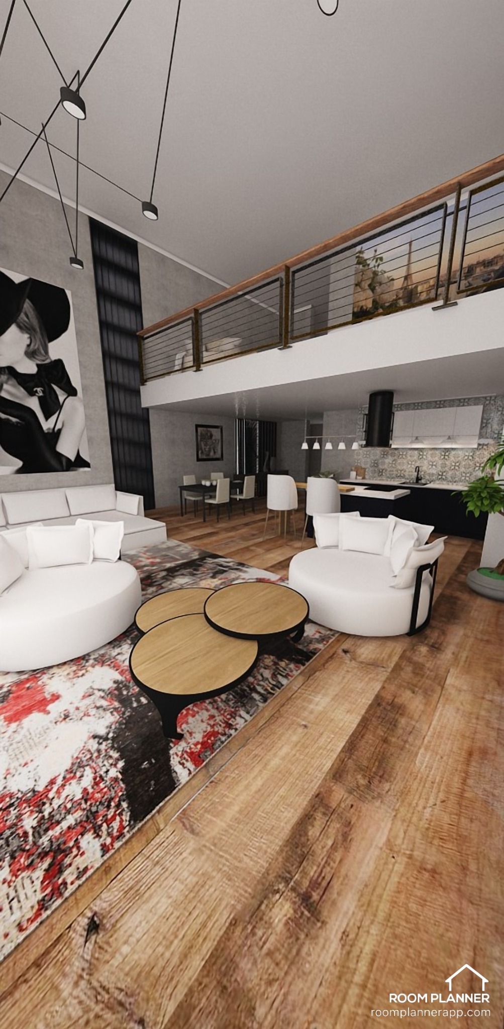 Wizualizacja dwupoziomowego salonu z białymi, okrągłymi sofami, stolikami kawowymi z drewnianymi blatami i wzorzystym dywanem, z widokiem na jadalnię i kuchnię w tle.