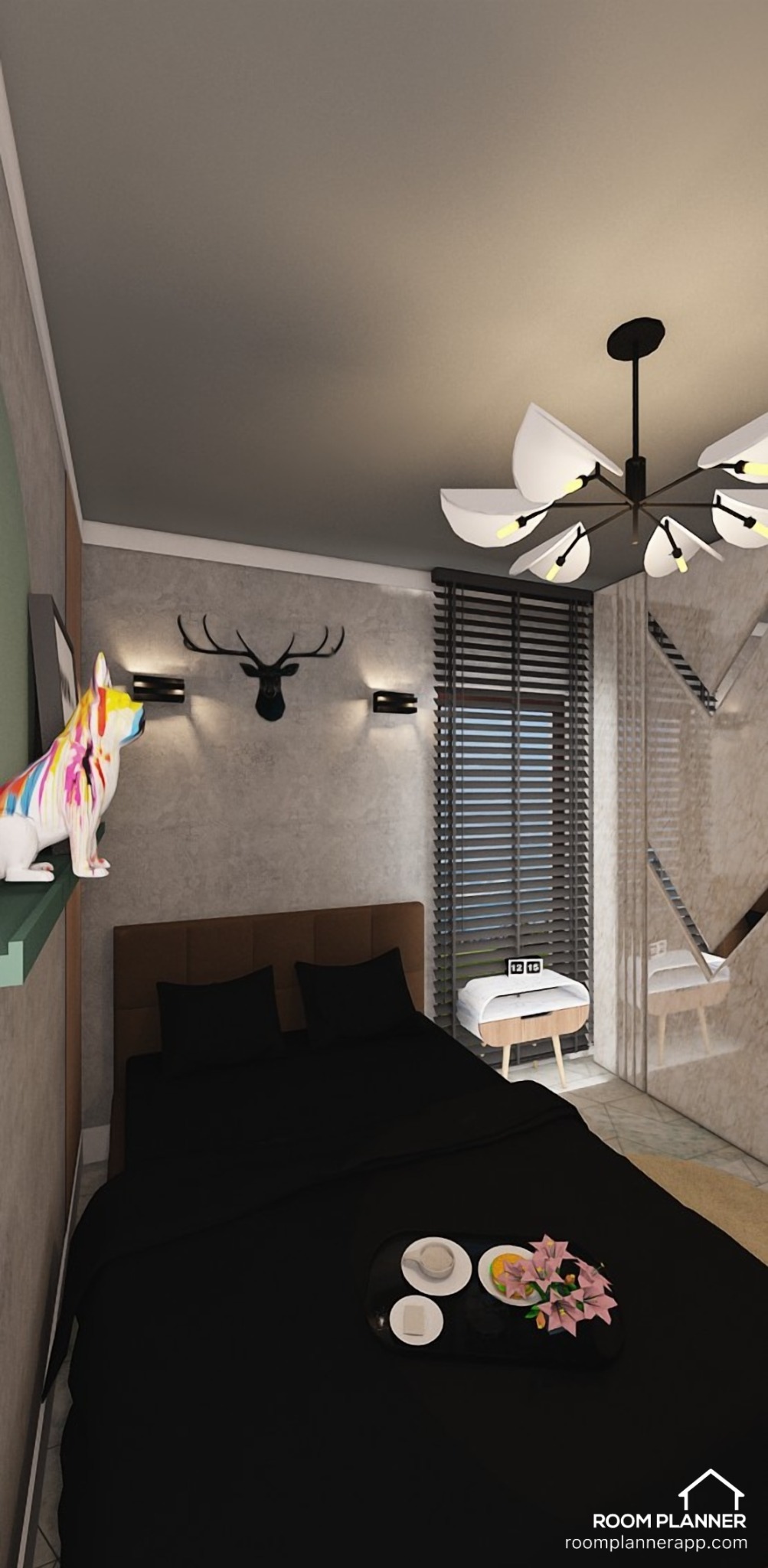 Wizualizacja sypialni z czarną pościelą, dekoracyjnym reniferem nad łóżkiem i rzeźbą psa w stylu pop-art na półce.