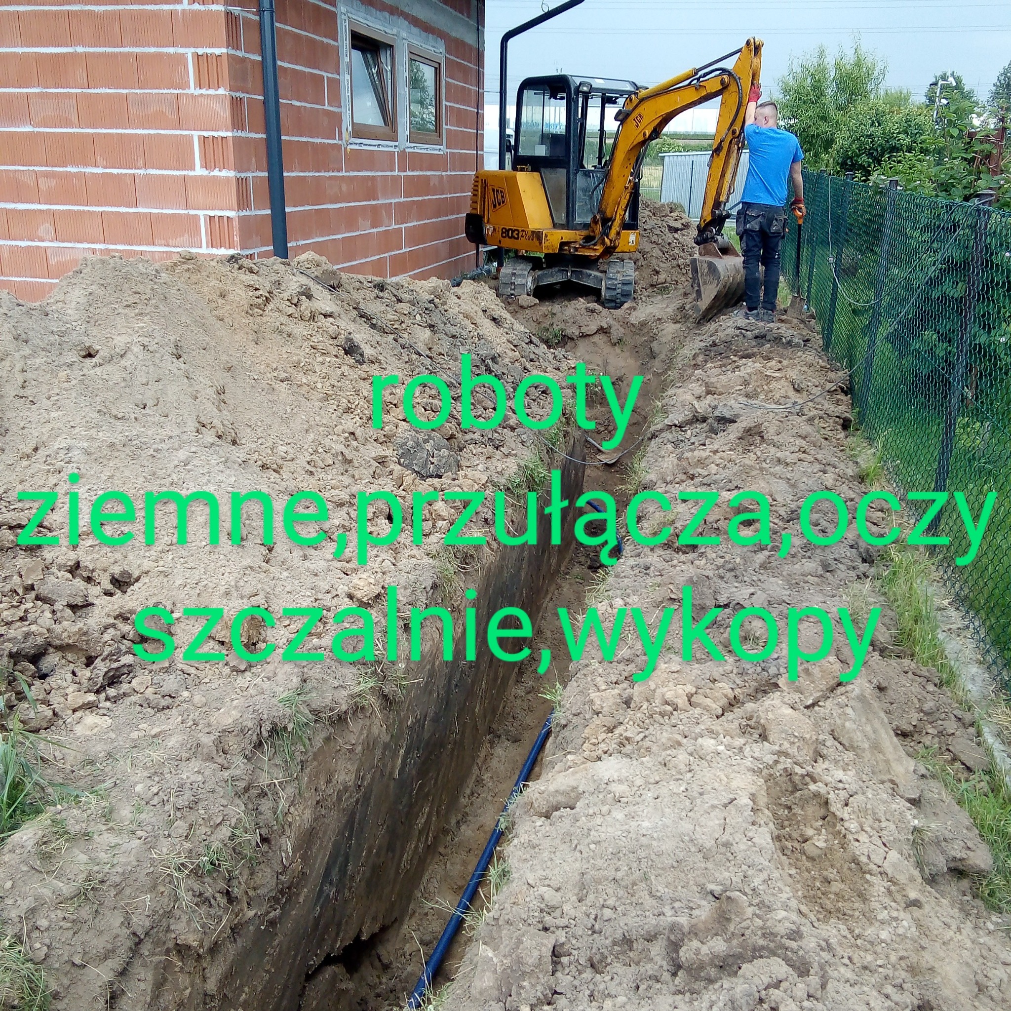 Wąski wykop w ziemi z ułożoną niebieską rurą, obok stoi żółta mini koparka JCB 803 z operatorem w niebieskiej koszulce, w tle budynek w trakcie budowy i zielone ogrodzenie.