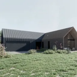 Wizualizacja nowoczesnego domu z ciemną elewacją i dwuspadowym dachem, otoczonego zielonym trawnikiem i kwitnącymi krzewami. Minimalistyczny design z dużymi przeszkleniami.