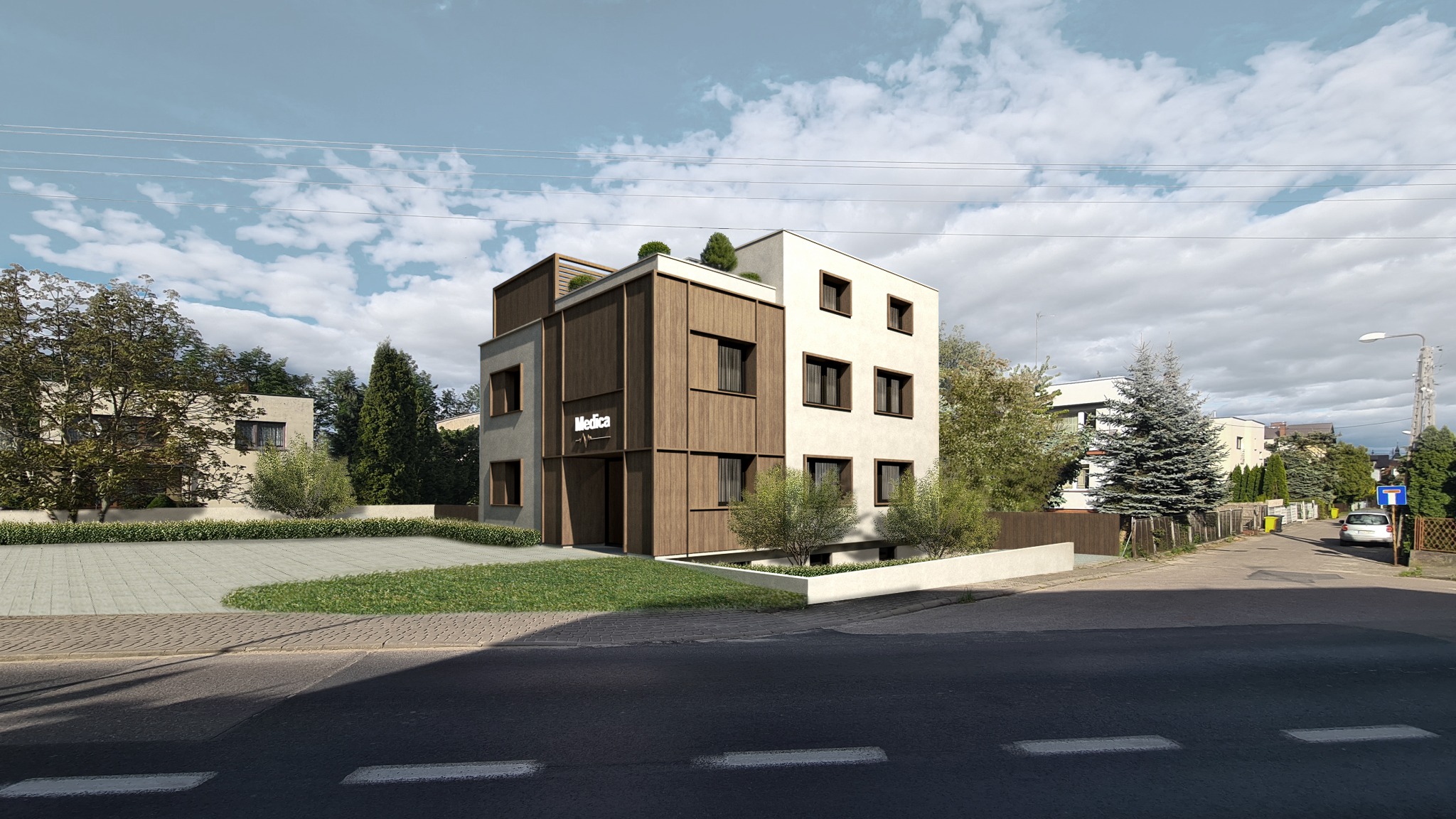 Wizualizacja 3D budynku o nowoczesnej architekturze z elementami drewna i jasną elewacją, otoczonego zielenią, z widocznym logo 'Medica' nad wejściem.
