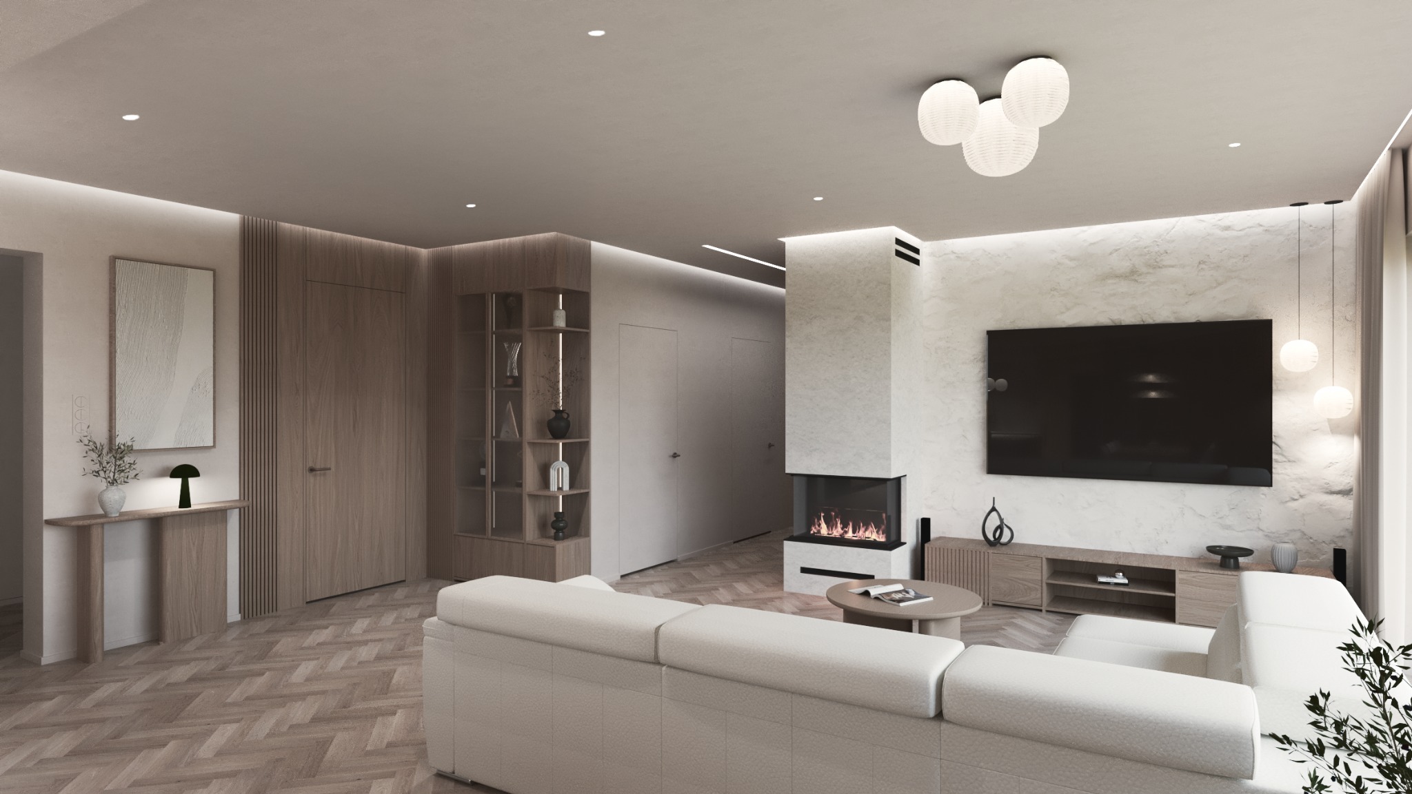 Elegancki salon z kominkiem i telewizorem w Chojnicach. Jasne barwy, drewniane elementy i nowoczesne oświetlenie tworzą przytulną przestrzeń. Minimalistyczny design.