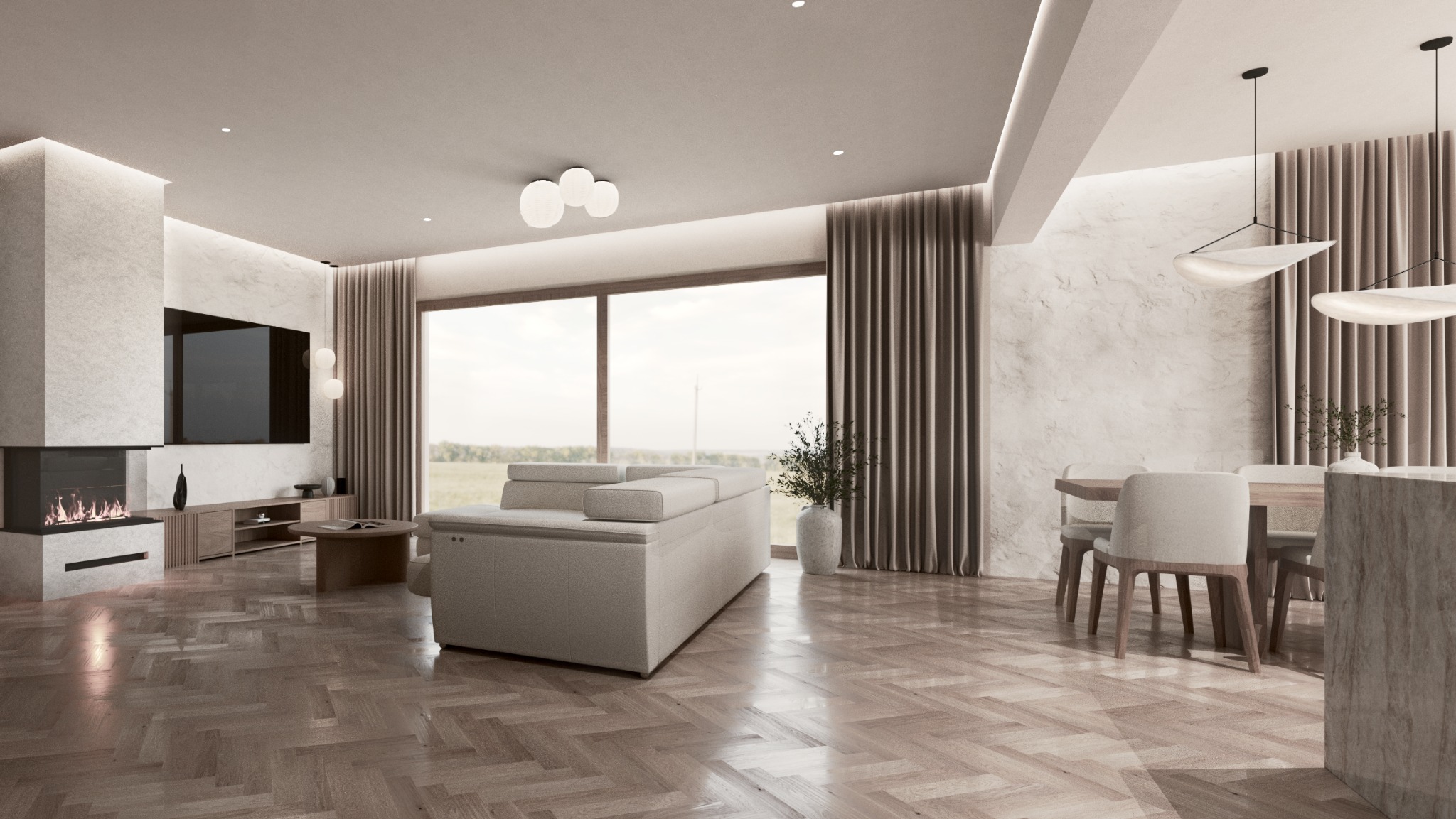 Jasne wnętrze salonu z kominkiem i jadalnią, parkiet w jodełkę, duże okna z widokiem na zieleń, minimalistyczny design, stonowana kolorystyka, lampy wiszące.