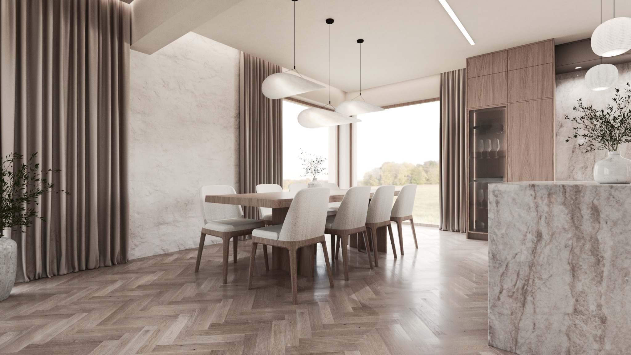 Jasna jadalnia w neutralnych barwach: drewniany stół, krzesła z tapicerką, parkiet w jodełkę, okno z widokiem na zieleń, designerskie lampy wiszące.