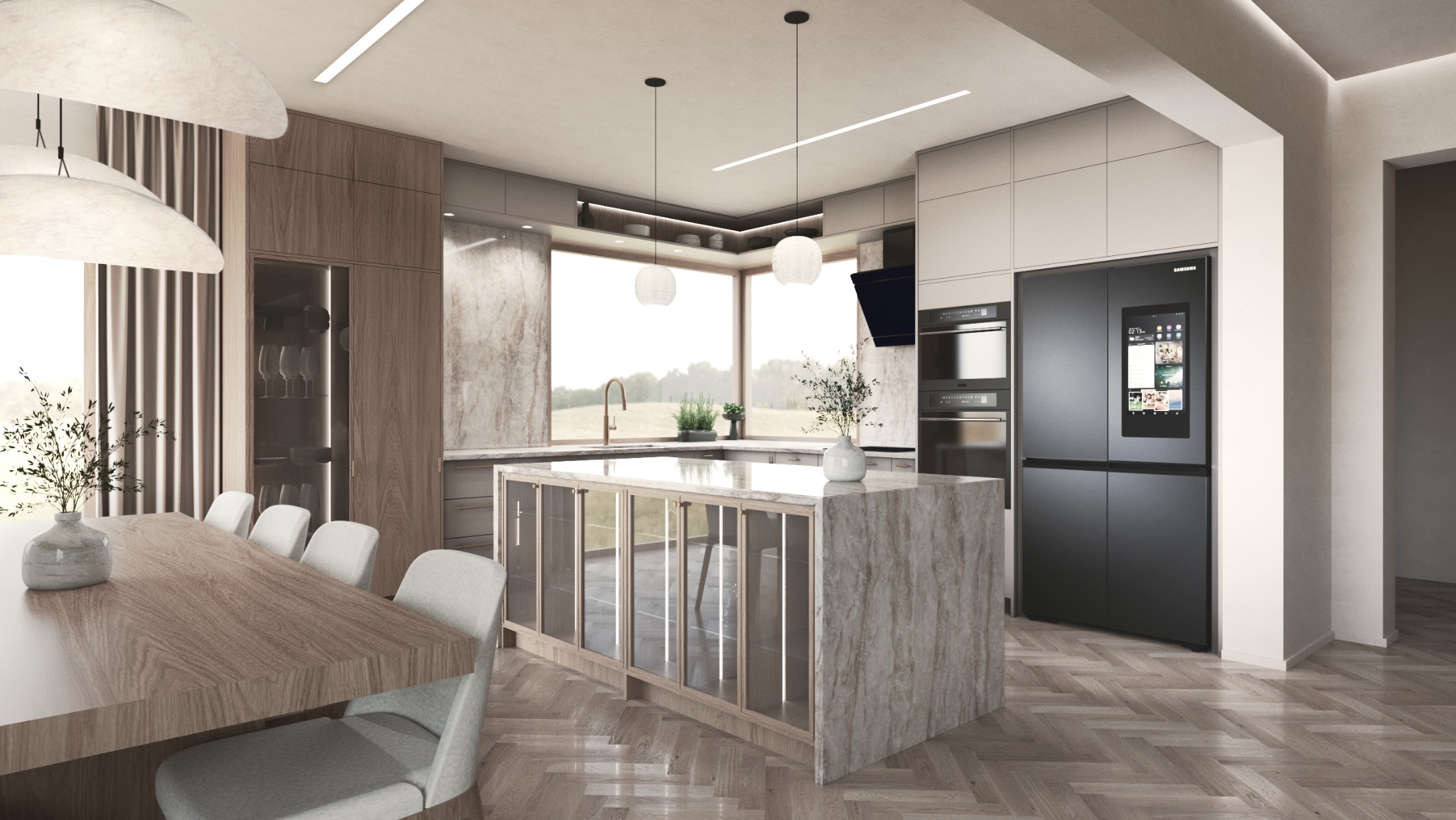 Nowoczesna kuchnia z wyspą i dużym oknem, widok na stół jadalny. Minimalistyczny design, drewno i kamień. Lodówka z ekranem dotykowym. Parkiet w jodełkę.