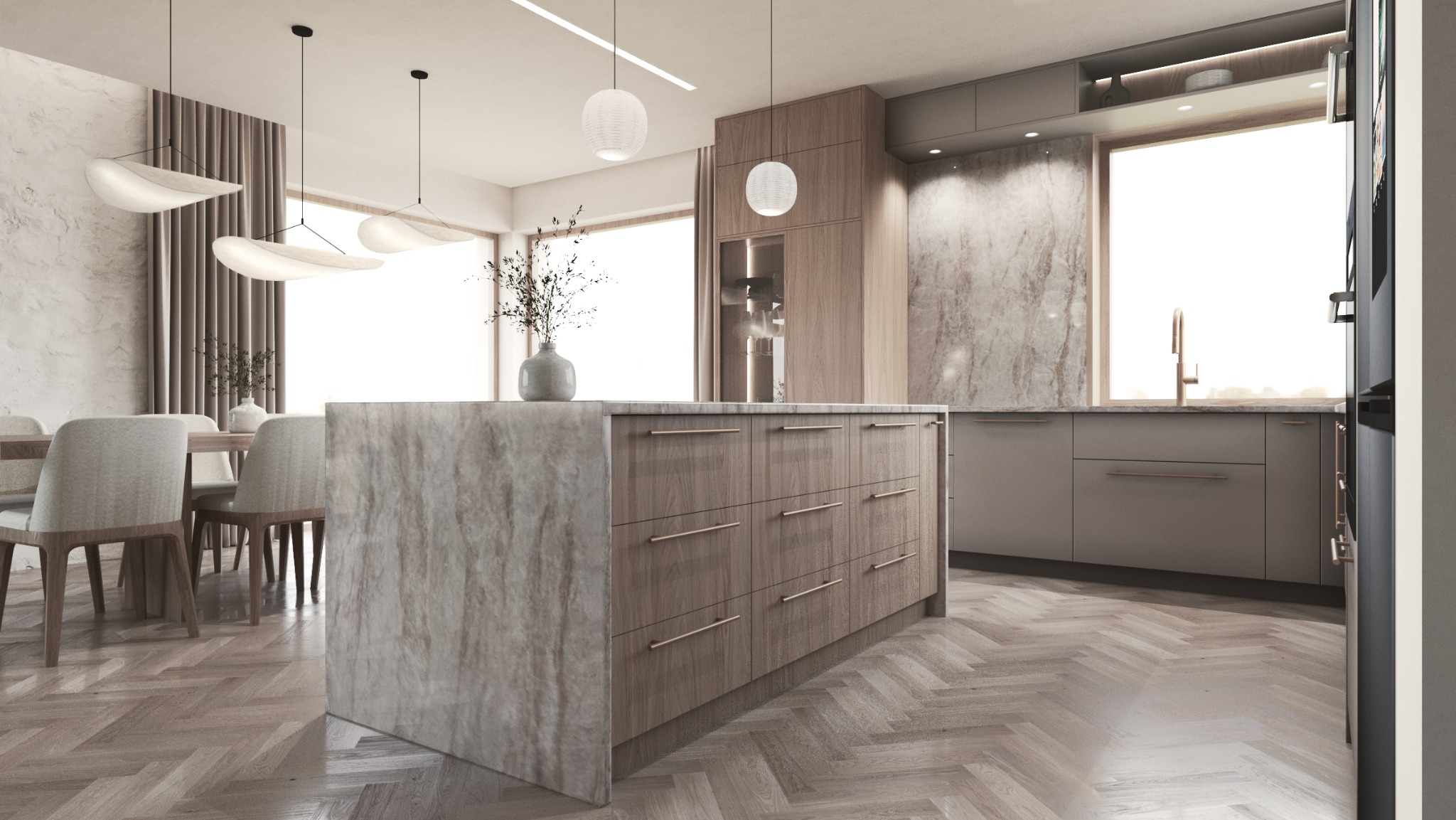 Nowoczesna kuchnia z wyspą i parkietem w jodełkę. Marmurowy blat wyspy kuchennej, minimalistyczne oświetlenie i stonowana kolorystyka tworzą elegancką przestrzeń.