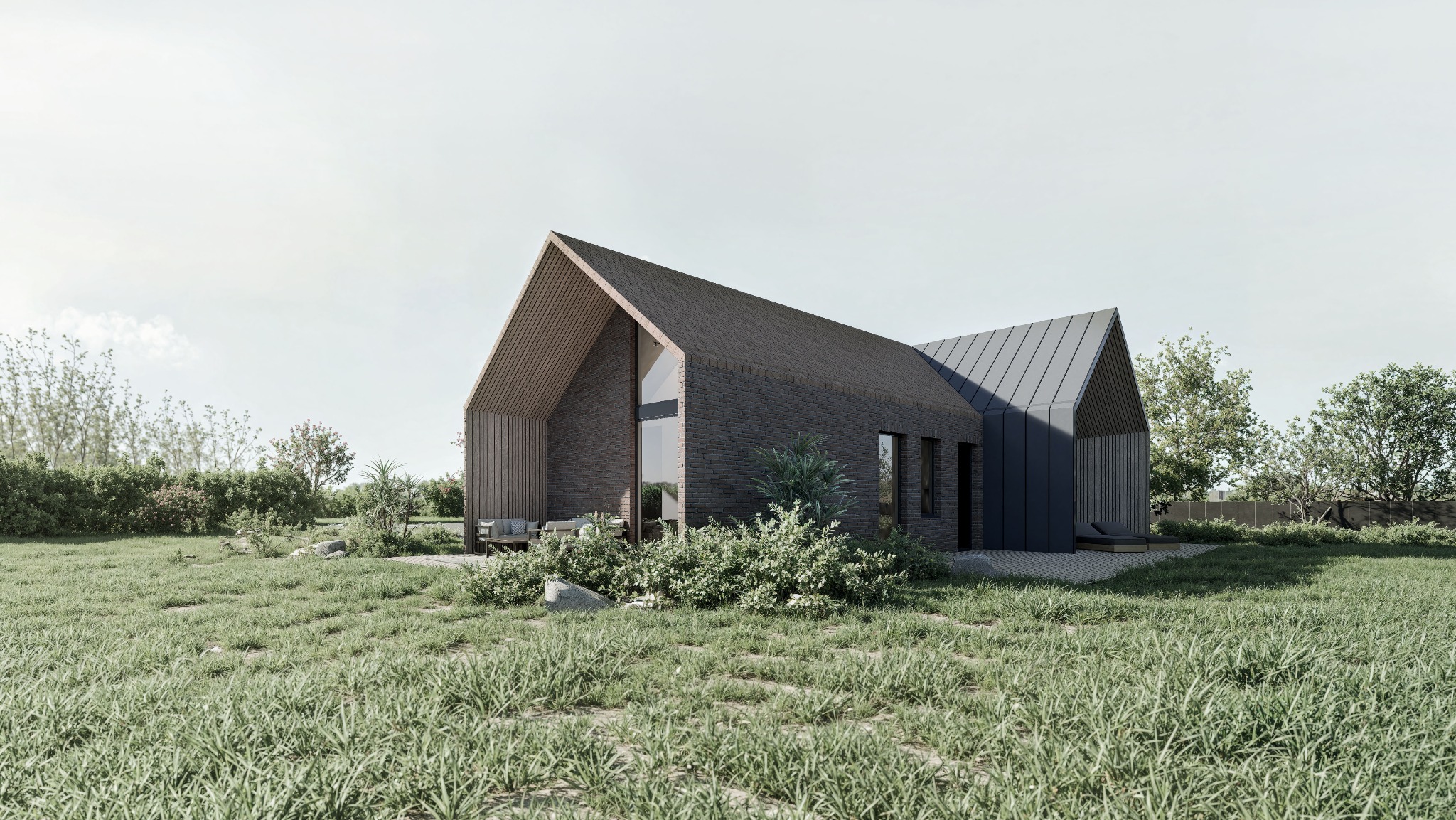 Wizualizacja nowoczesnego domu z ciemnej cegły z dwuspadowym dachem i drewnianą elewacją, otoczonego zielenią i kamieniami, w słoneczny dzień. Minimalistyczny design.