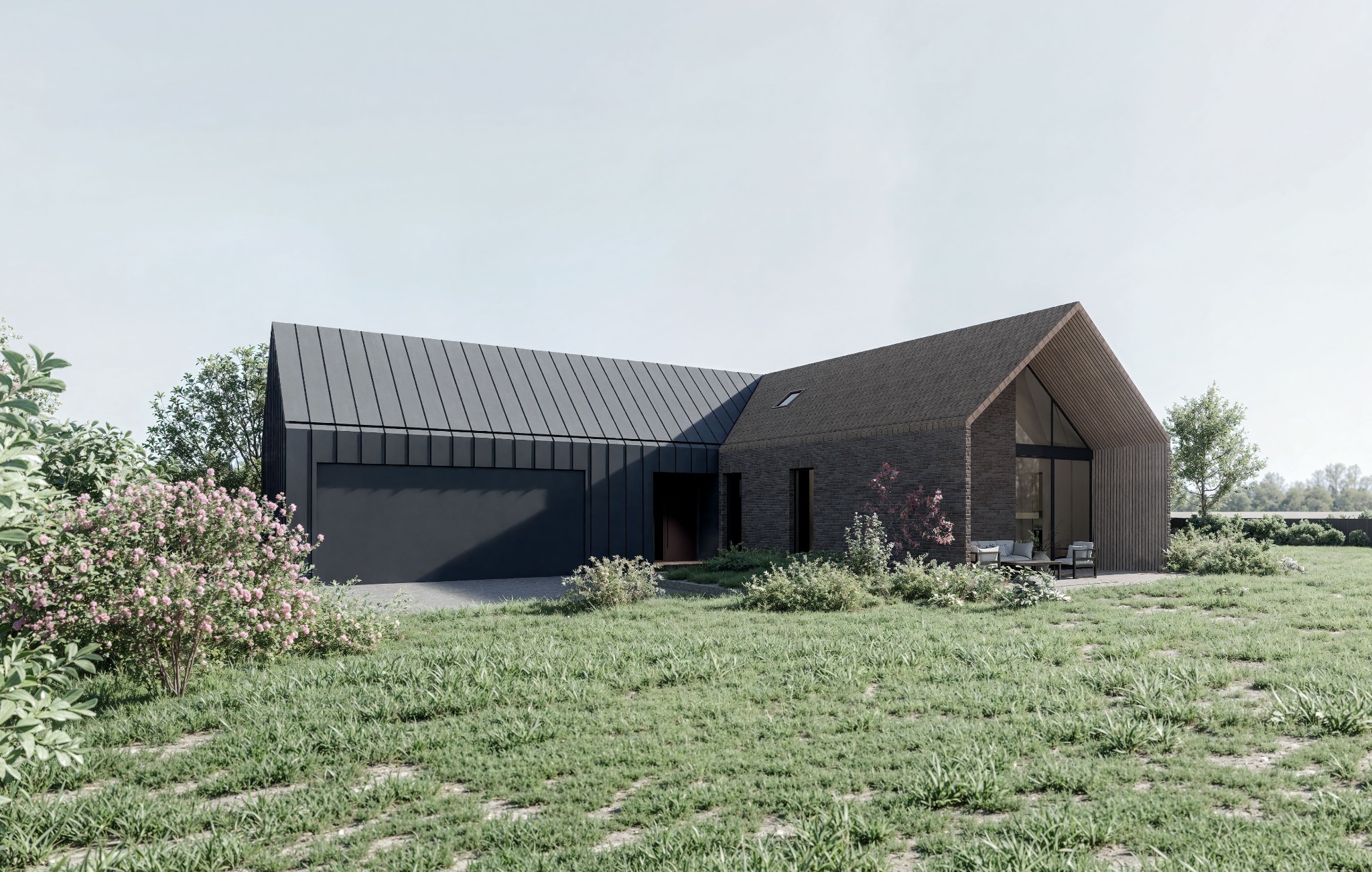 Wizualizacja nowoczesnego domu z ciemną elewacją i dwuspadowym dachem, otoczonego zielonym trawnikiem i kwitnącymi krzewami. Minimalistyczny design z dużymi przeszkleniami.