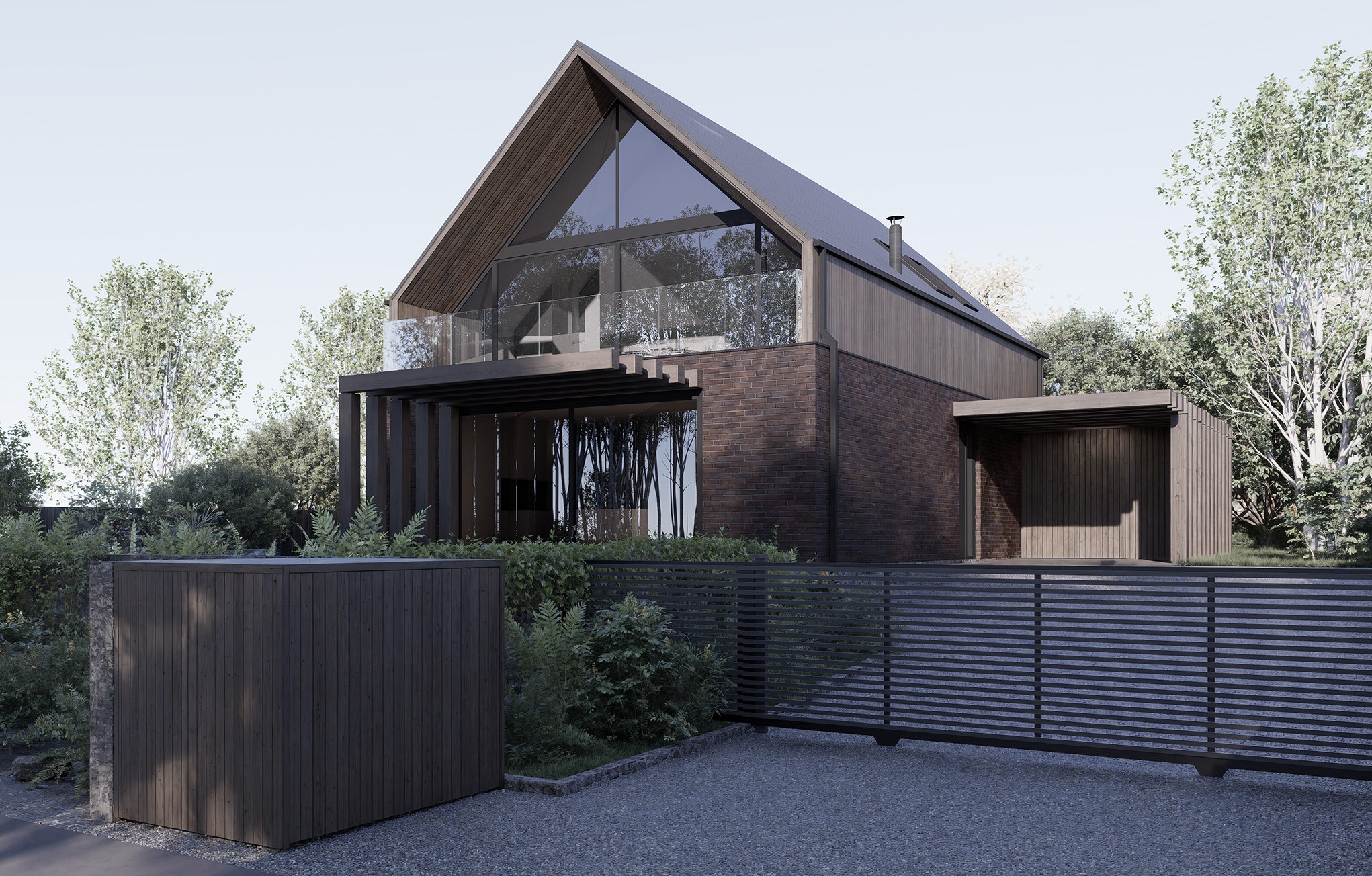 Nowoczesny dom z dachem dwuspadowym i przeszkleniami, ceglana elewacja, drewniane wykończenia, brama wjazdowa i zadbana zieleń. Minimalistyczny design.
