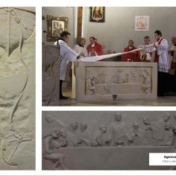 ARCHITEKTURA I RZEŹBA AGNIESZKA WOLSKA-CIELIŃSKA - Kamienny ołtarz z płaskorzeźbami i ambona w kościele w Bukówku, przedstawiające sceny religijne i symboliczne motywy, w trakcie uroczystości kościelnej.