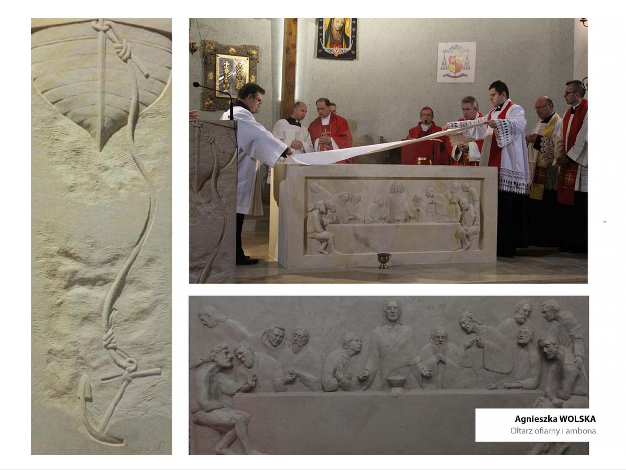 Kamienny ołtarz z płaskorzeźbami i ambona w kościele w Bukówku, przedstawiające sceny religijne i symboliczne motywy, w trakcie uroczystości kościelnej.