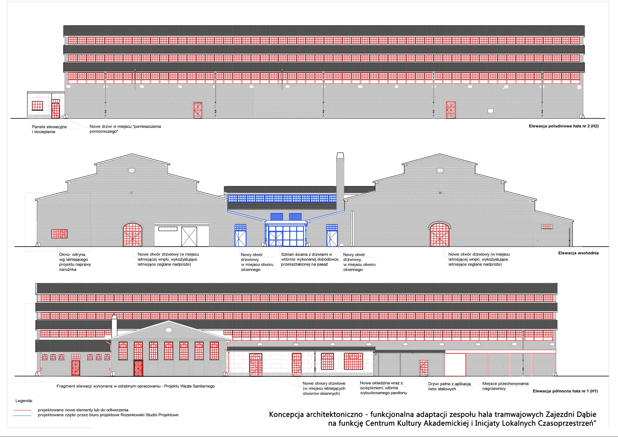 Rzut architektoniczny elewacji hali tramwajowej z zaznaczonymi nowymi otworami drzwiowymi, oknami, panelami elewacyjnymi i dociepleniem, z legendą opisującą projektowane elementy.
